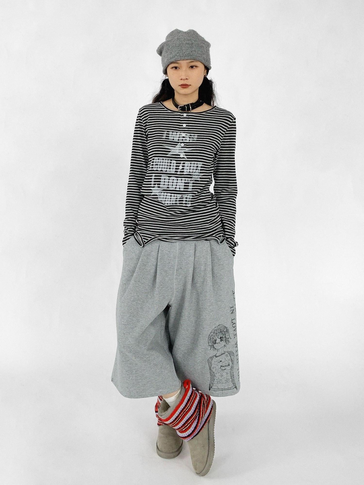 innomoood Striped Print Star Long Sleeve Tee Multi Way Stretch Y2K Top