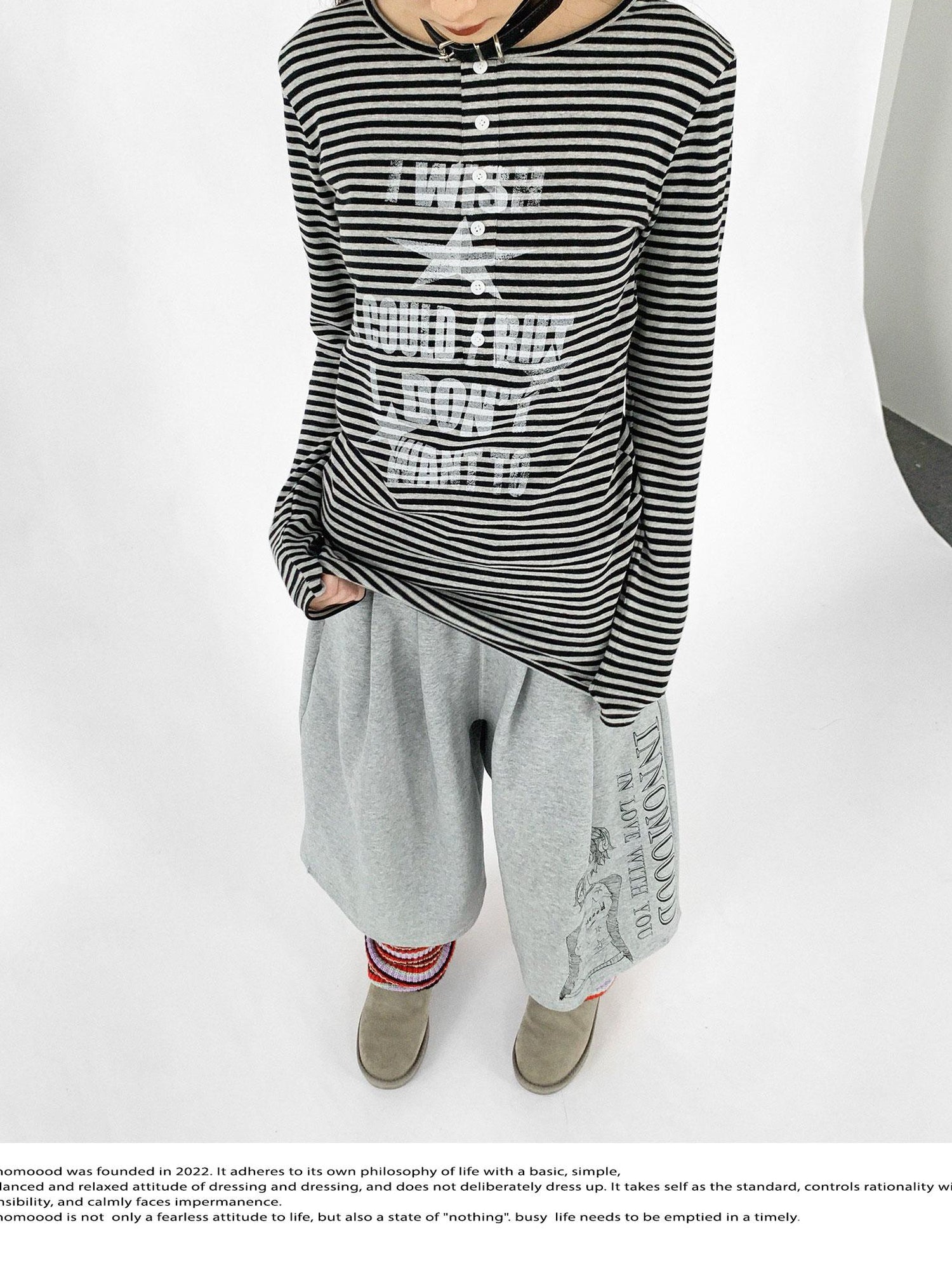 innomoood Striped Print Star Long Sleeve Tee Multi Way Stretch Y2K Top