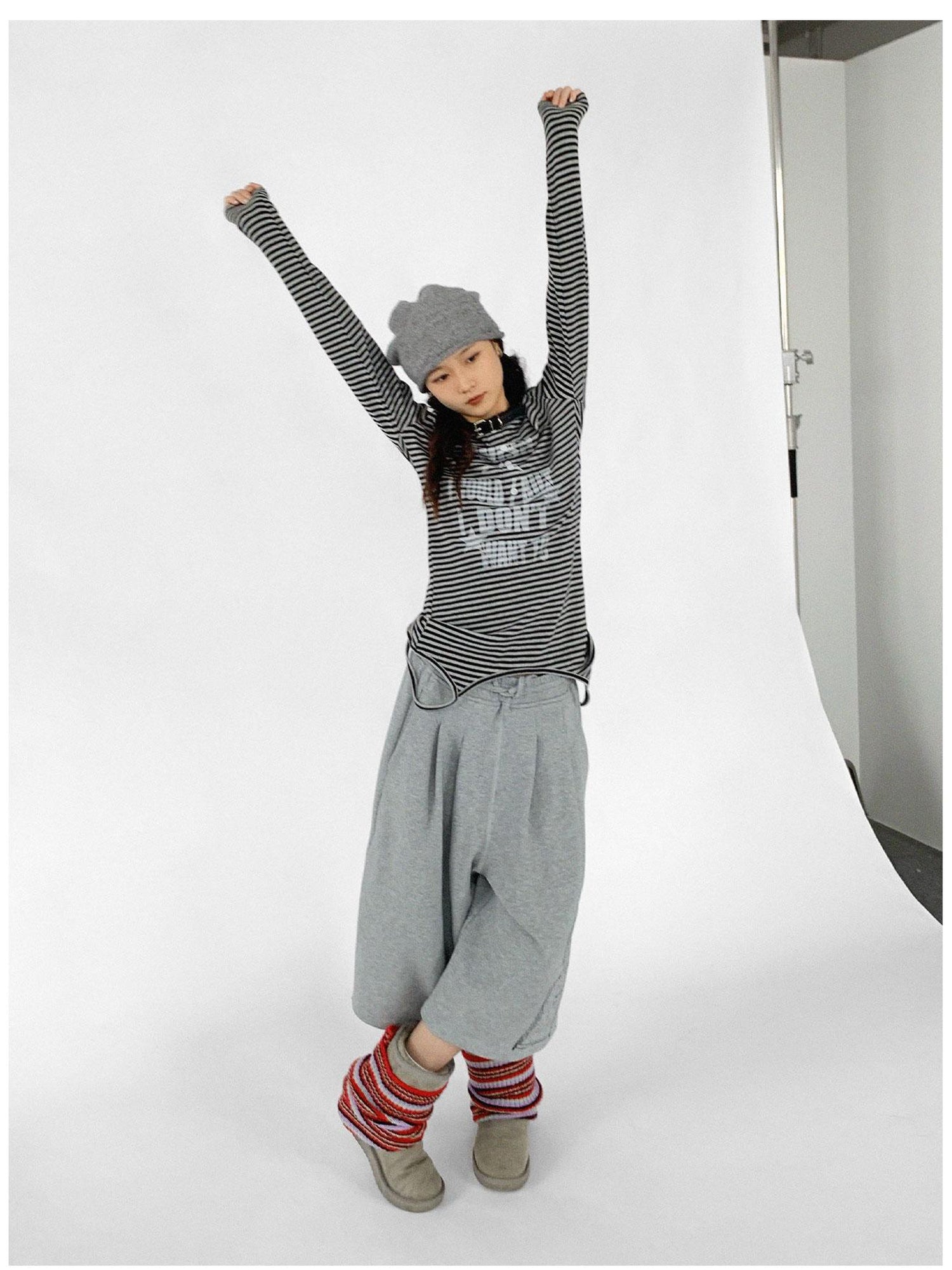 innomoood Striped Print Star Long Sleeve Tee Multi Way Stretch Y2K Top