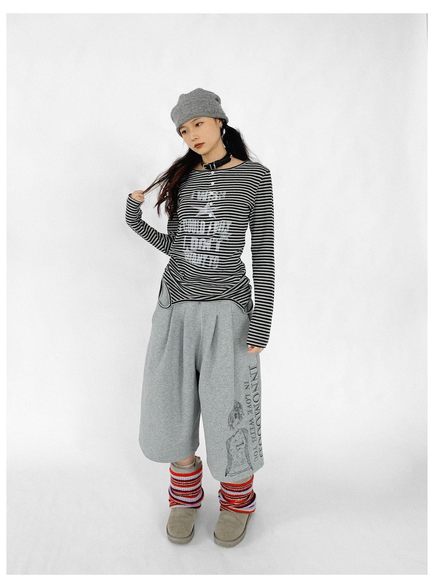 innomoood Striped Print Star Long Sleeve Tee Multi Way Stretch Y2K Top