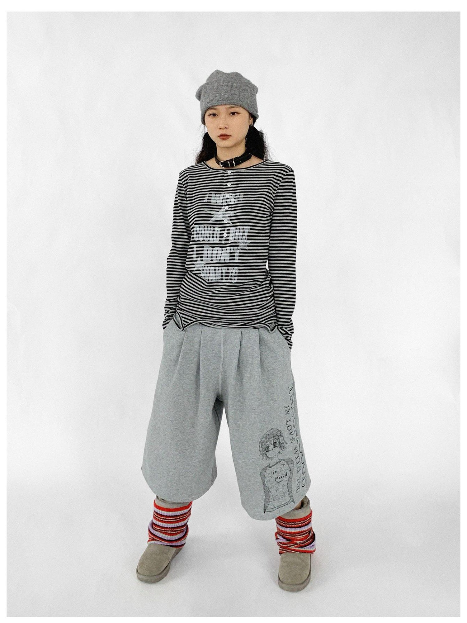 innomoood Striped Print Star Long Sleeve Tee Multi Way Stretch Y2K Top