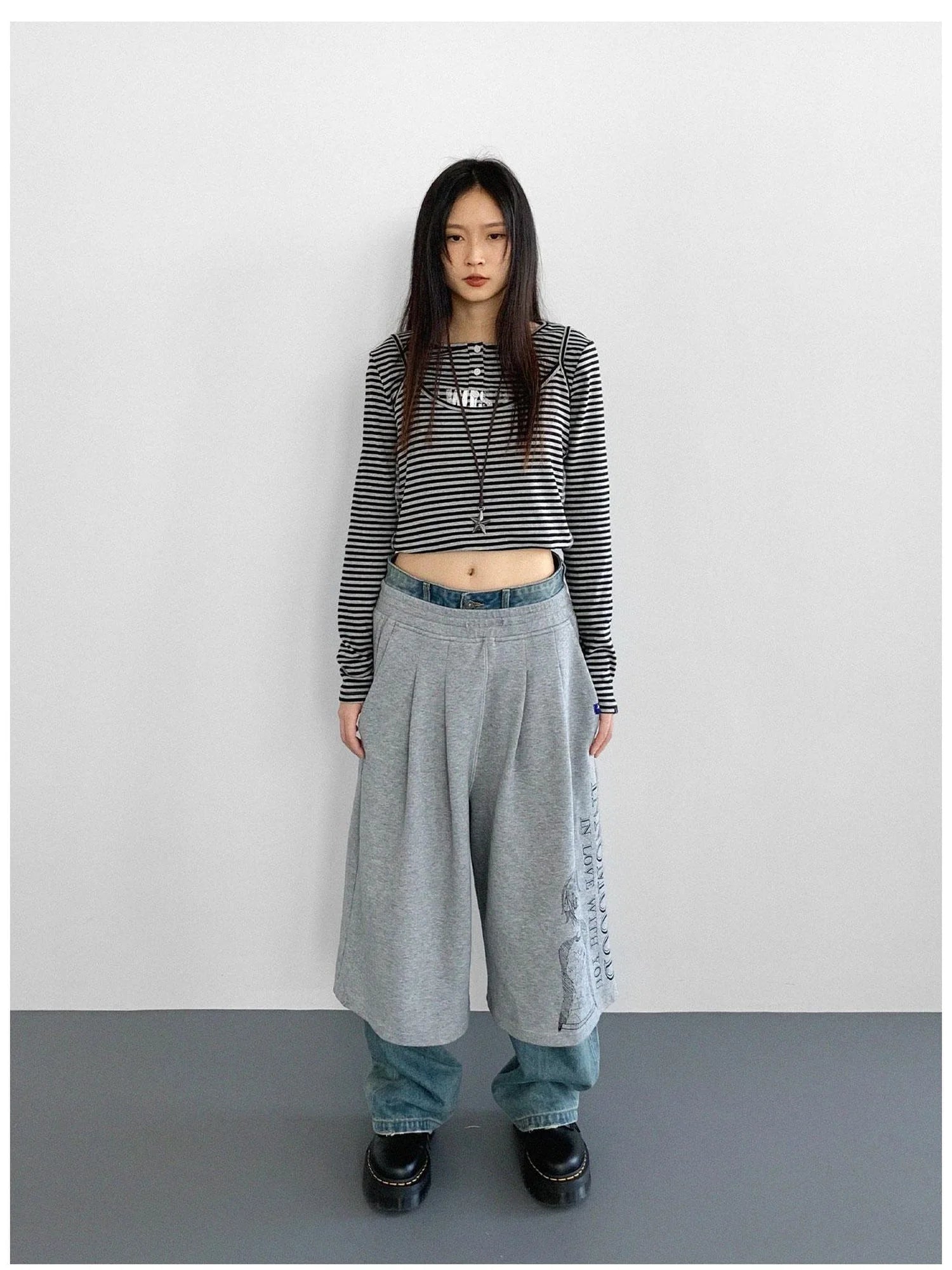 Striped Print Star Long Sleeve Tee Multi Way Stretch Y2K Top