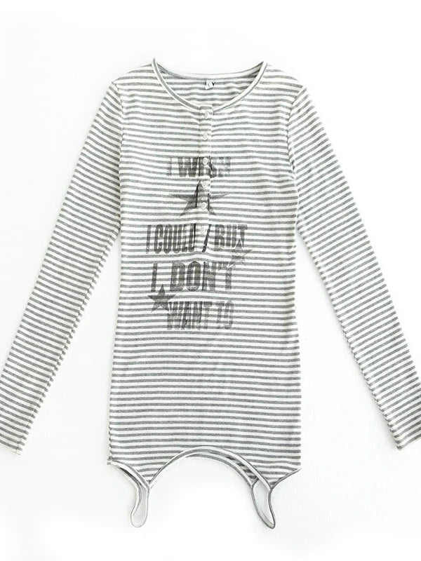 Striped Print Star Long Sleeve Tee Multi Way Stretch Y2K Top