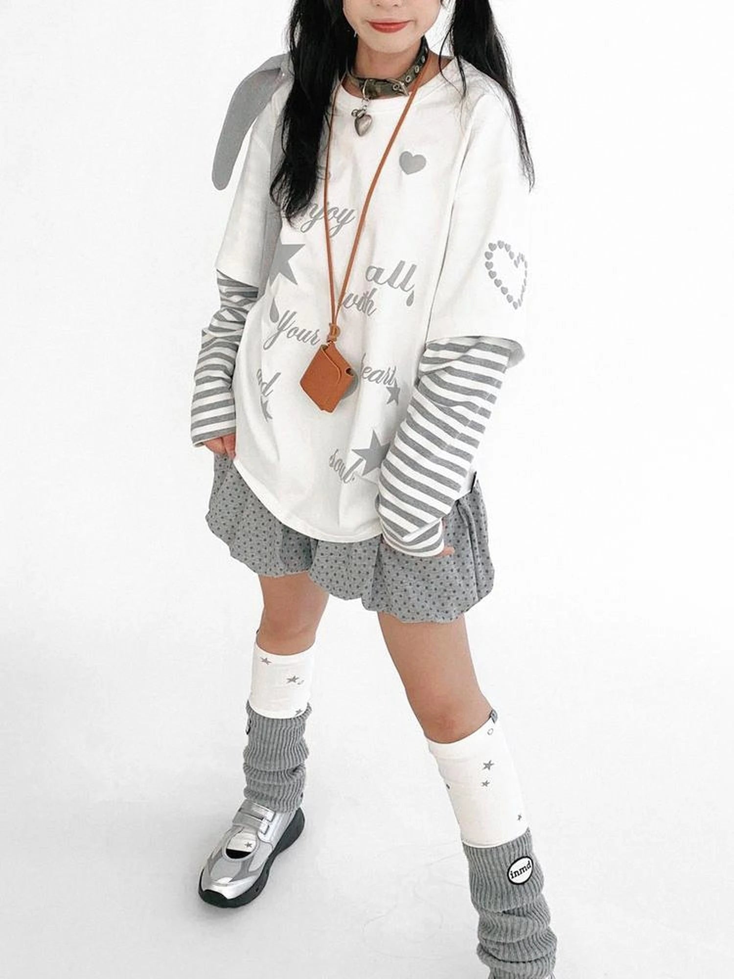 Striped Relaxed Fit Bubble Print Layered Tee