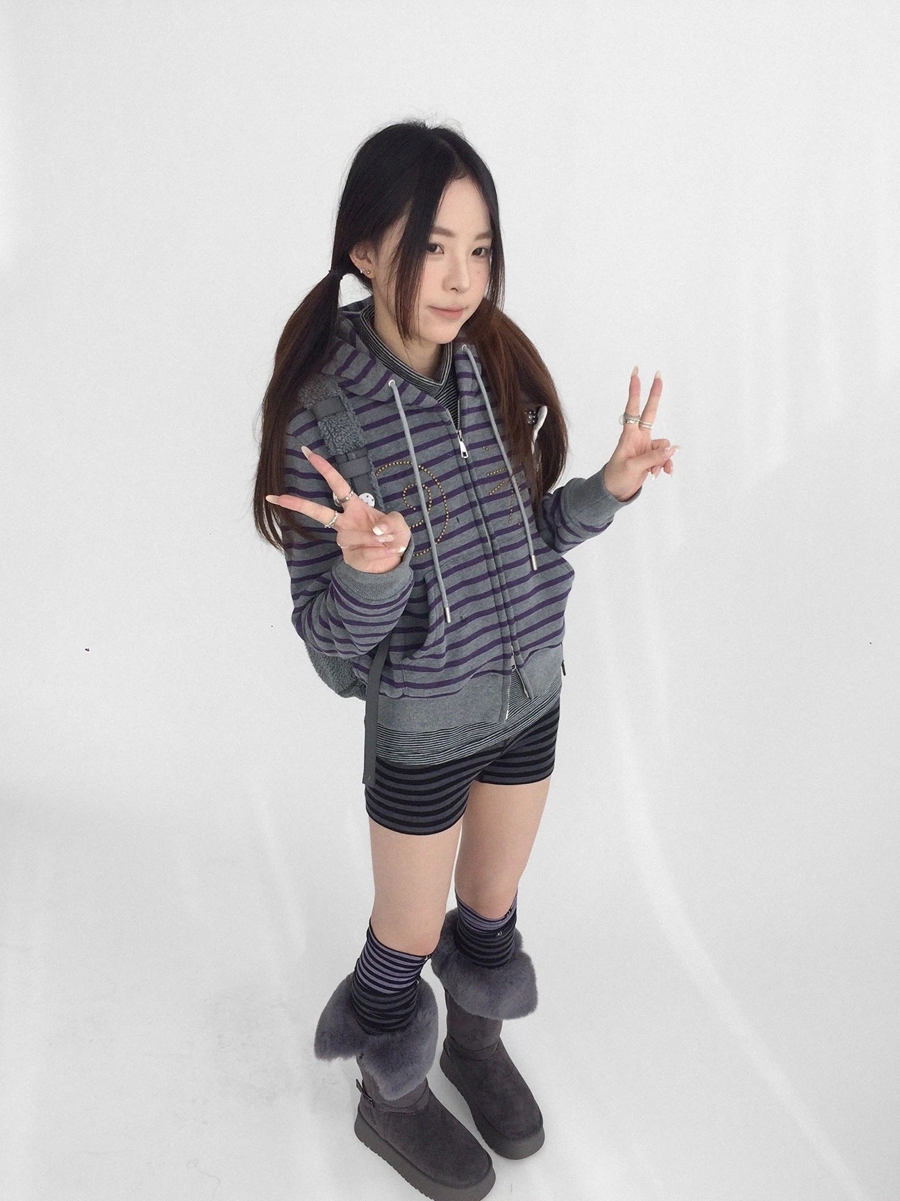 innomoood Studded Cropped Terry Zip Hooded Loose Fit Commuter Striped Women Hoodies