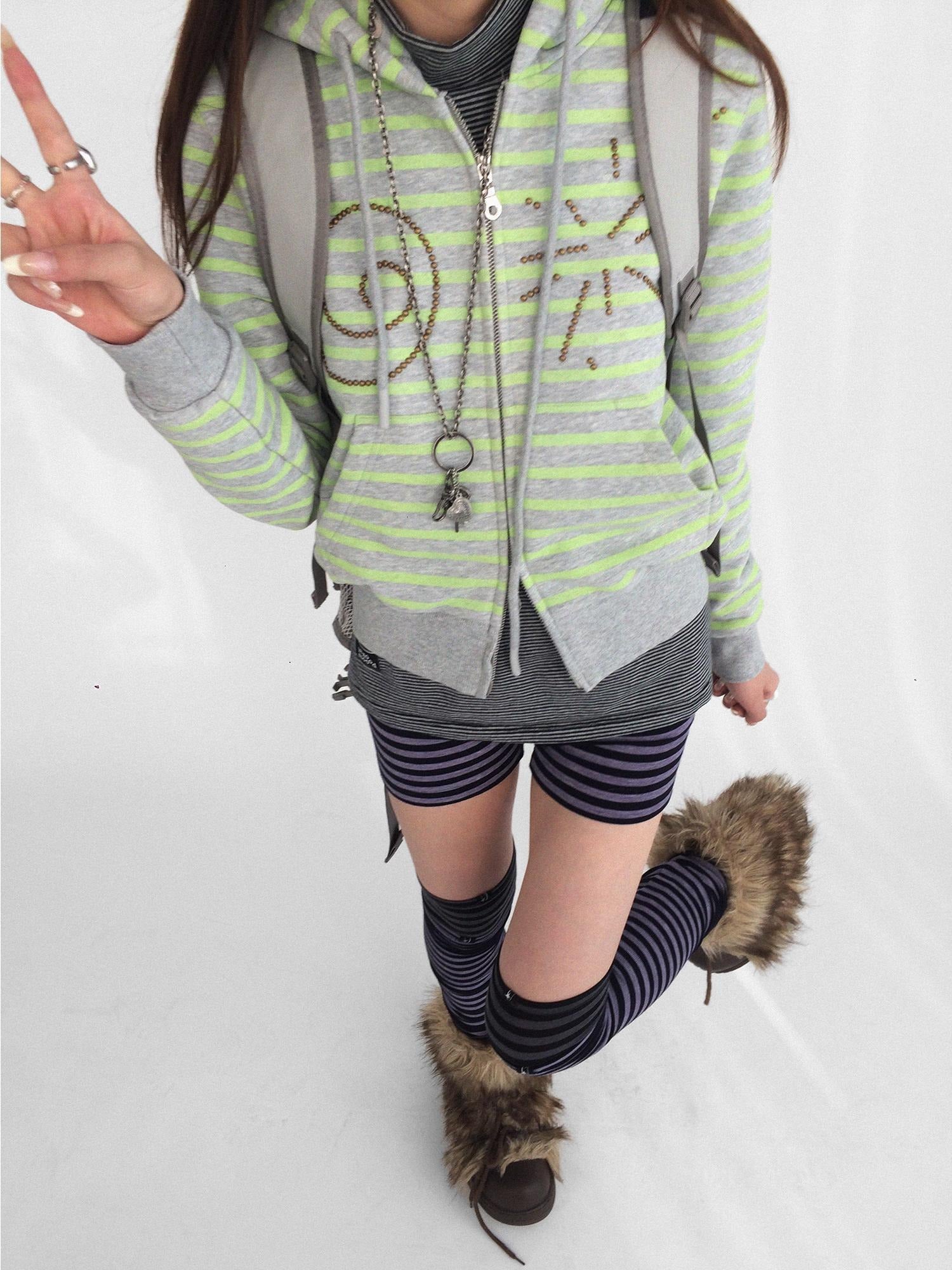 innomoood Studded Cropped Terry Zip Hooded Loose Fit Commuter Striped Women Hoodies