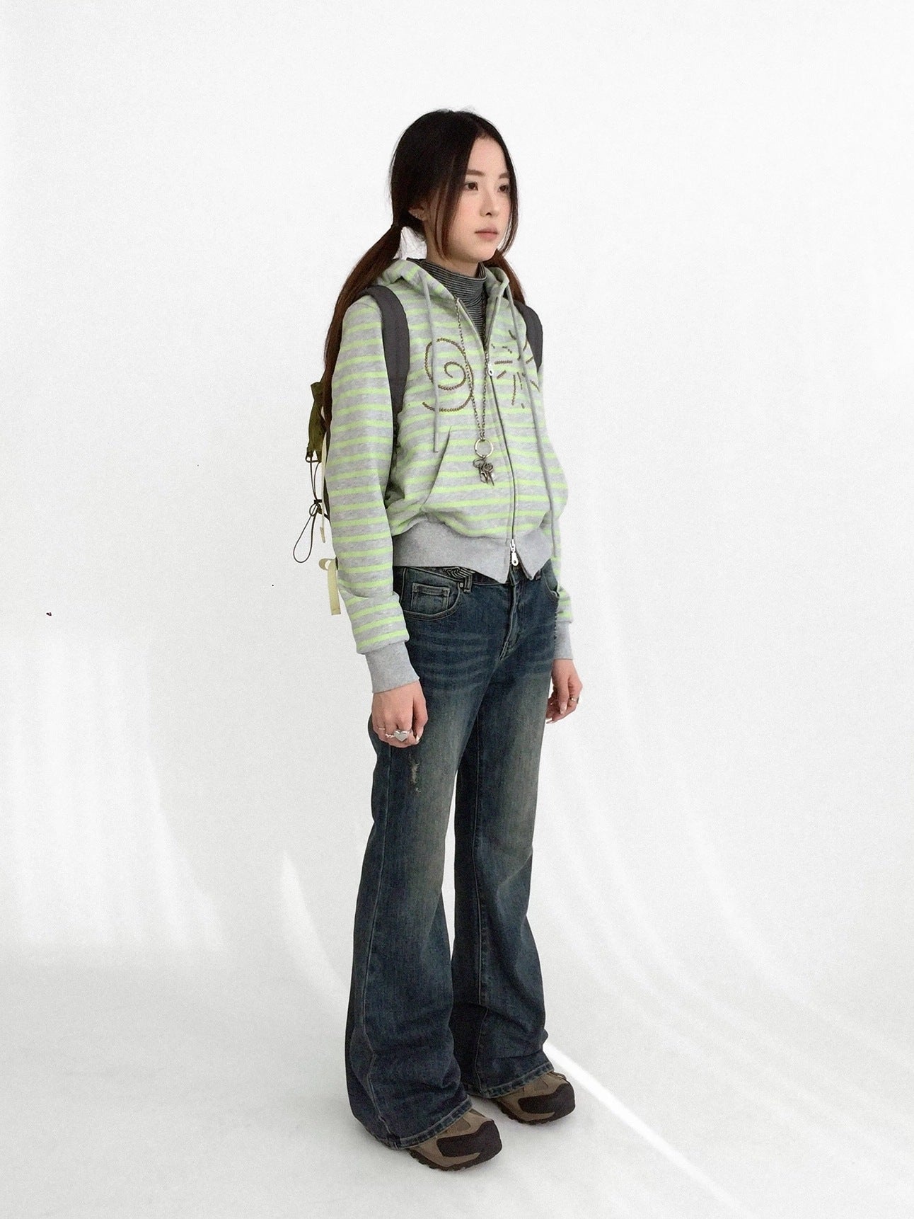 innomoood Studded Cropped Terry Zip Hooded Loose Fit Commuter Striped Women Hoodies