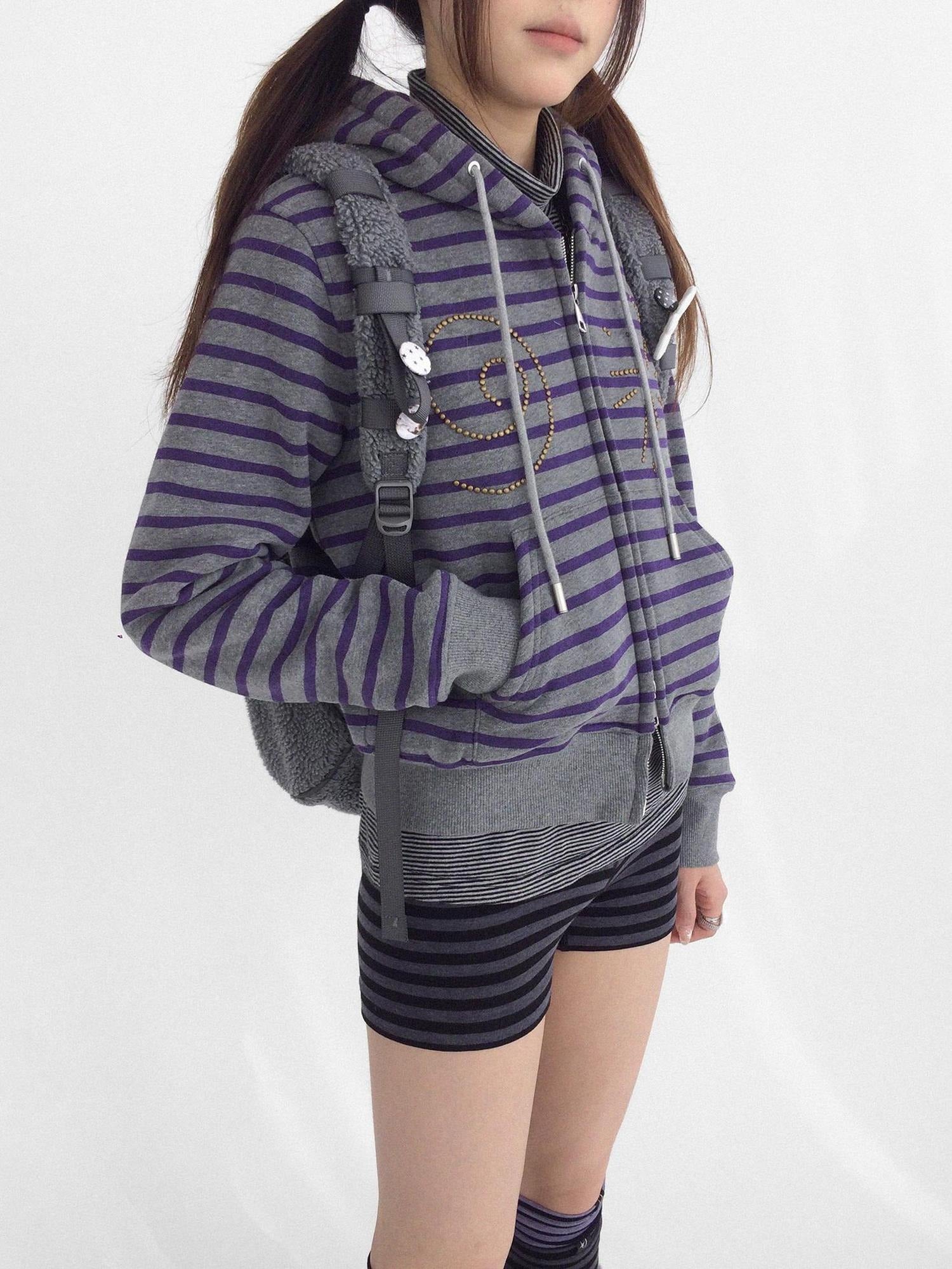 innomoood Studded Cropped Terry Zip Hooded Loose Fit Commuter Striped Women Hoodies
