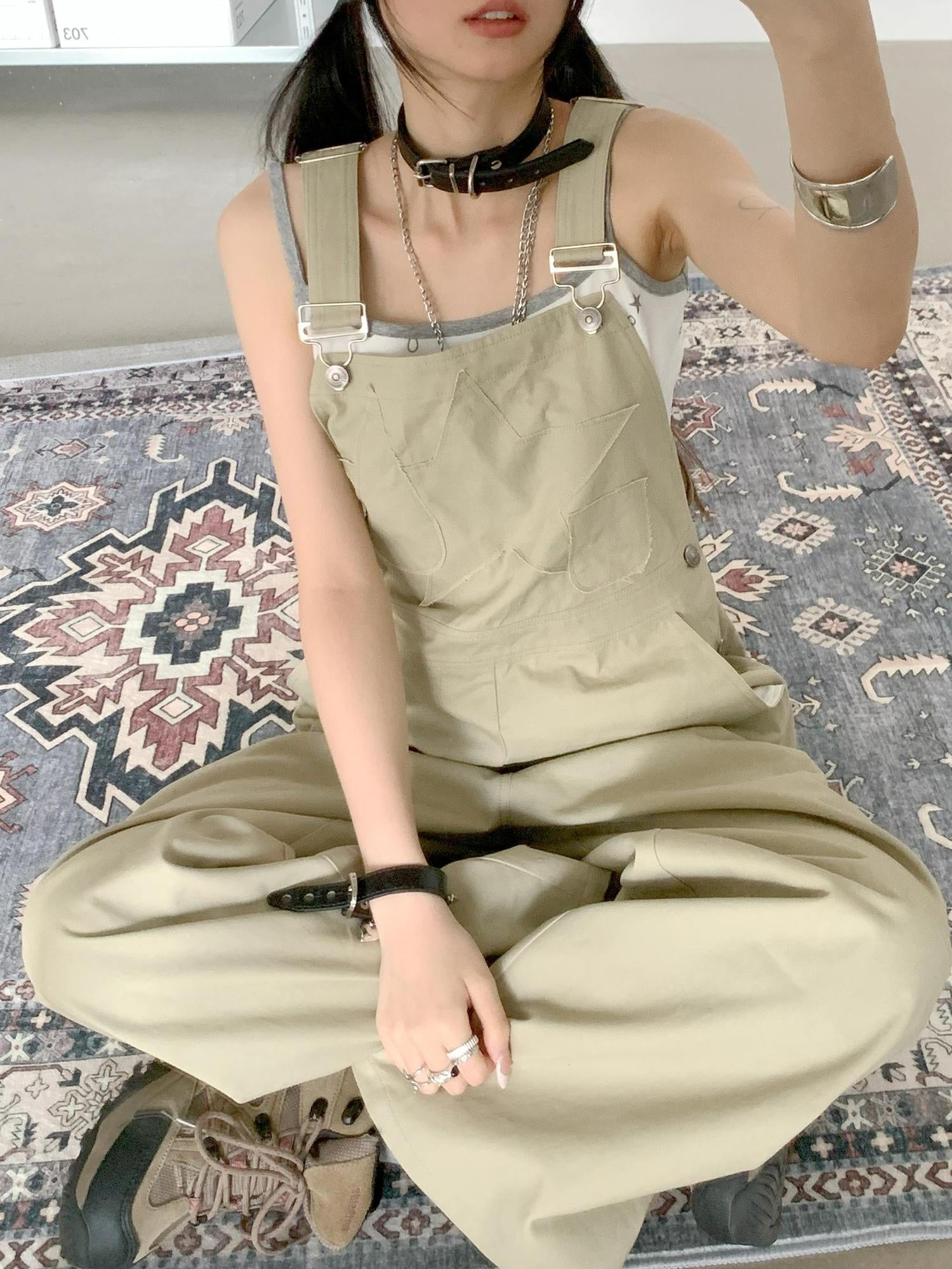 innomoood Tear Stars Raw Edge Applique Overalls