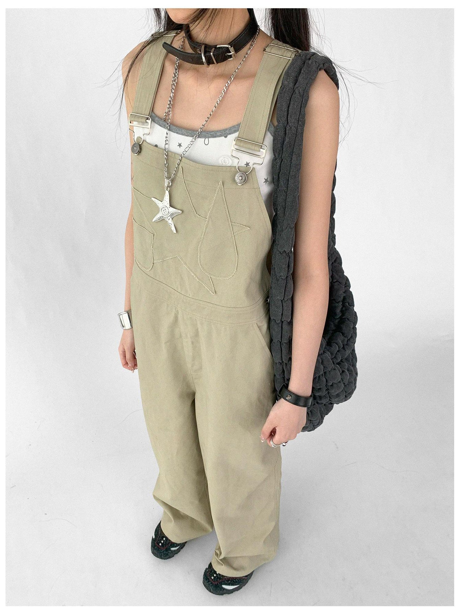 innomoood Tear Stars Raw Edge Applique Overalls