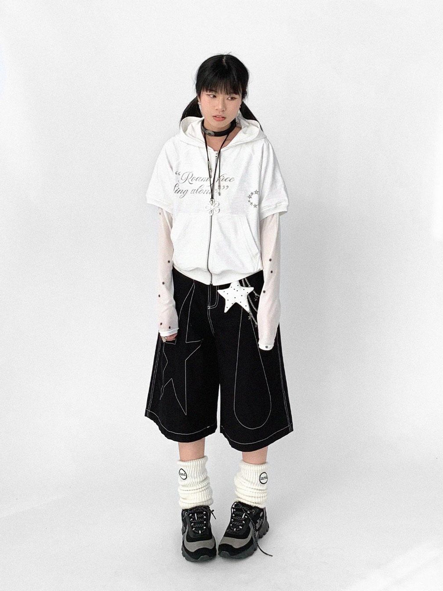 innomoood Tears Star Black Contrast Trim A Line Cropped Culottes