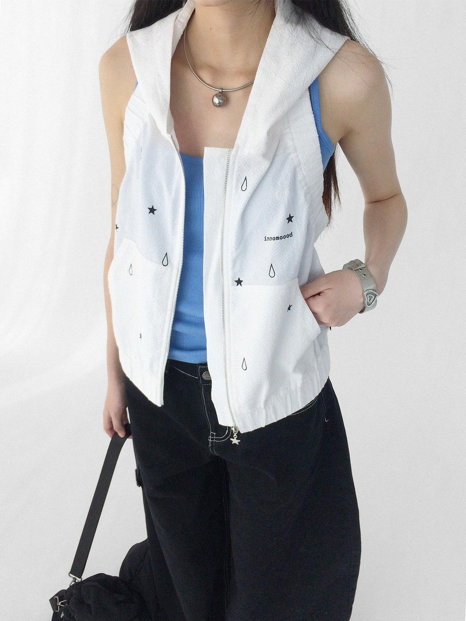 innomoood Tears Star Drop Back Open Knit Hoodie