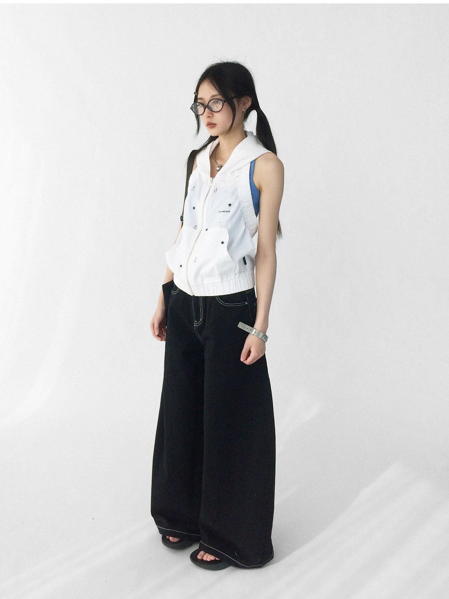 innomoood Tears Star Drop Back Open Knit Hoodie