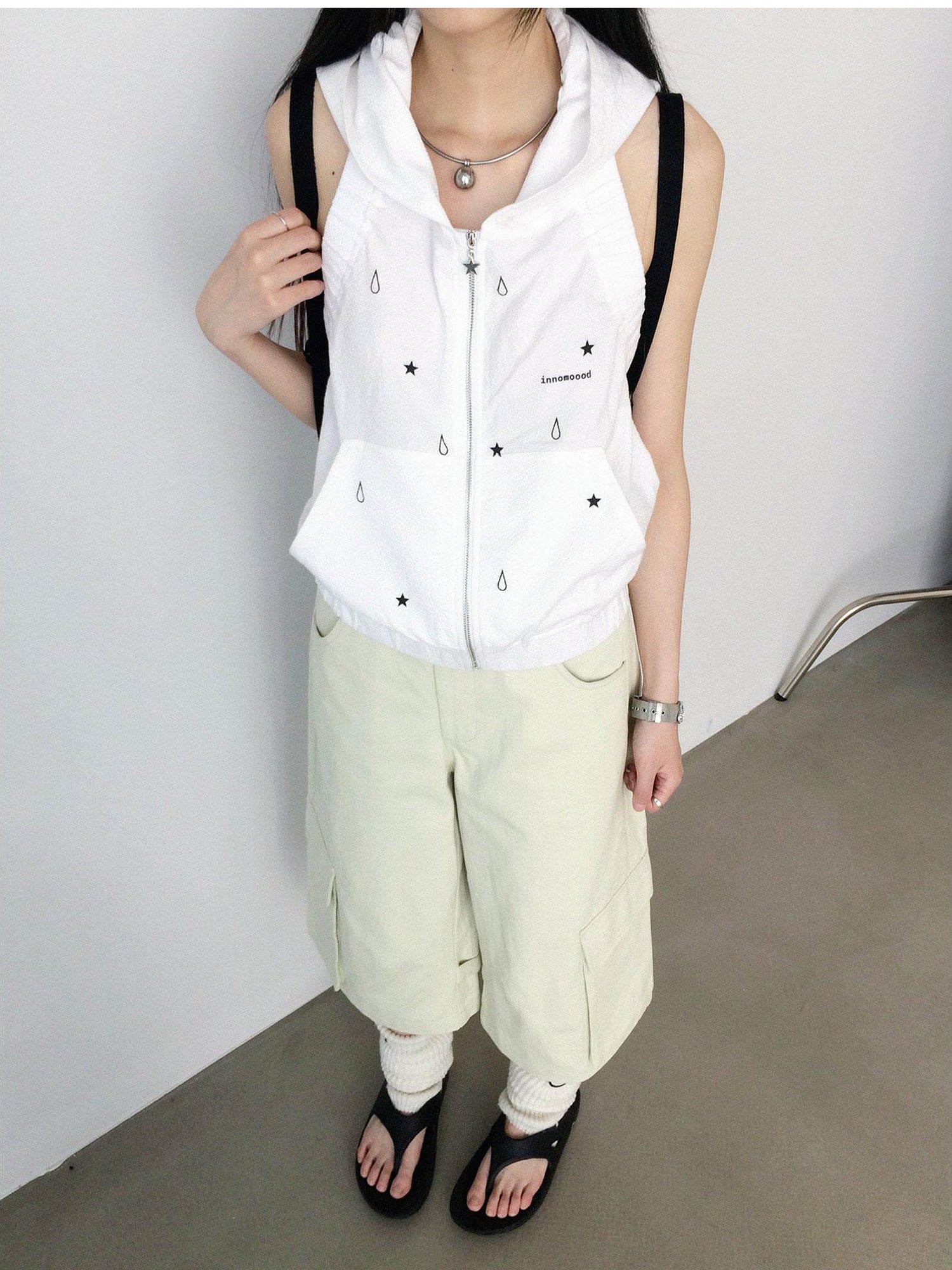 innomoood Tears Star Drop Back Open Knit Hoodie