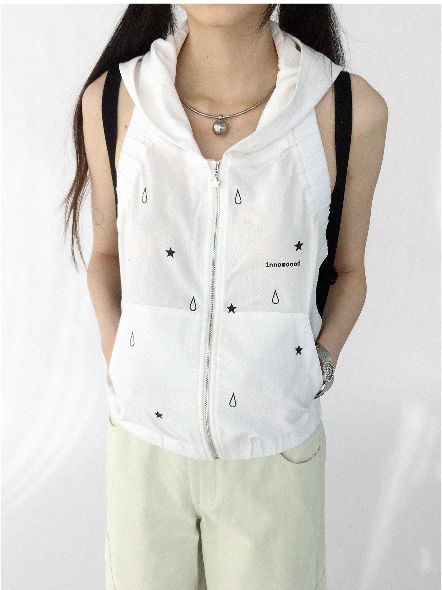 innomoood Tears Star Drop Back Open Knit Hoodie