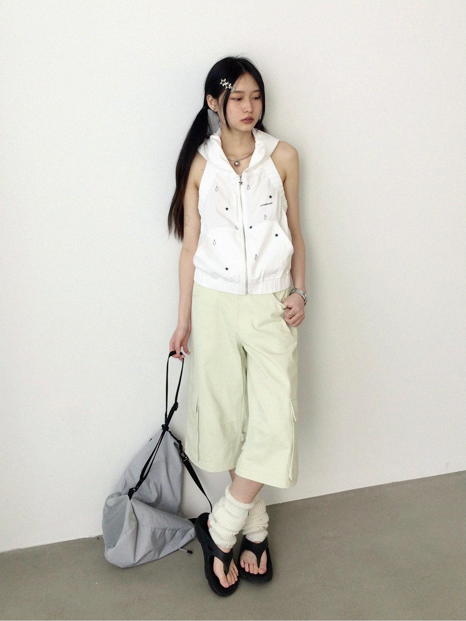 innomoood Tears Star Drop Back Open Knit Hoodie