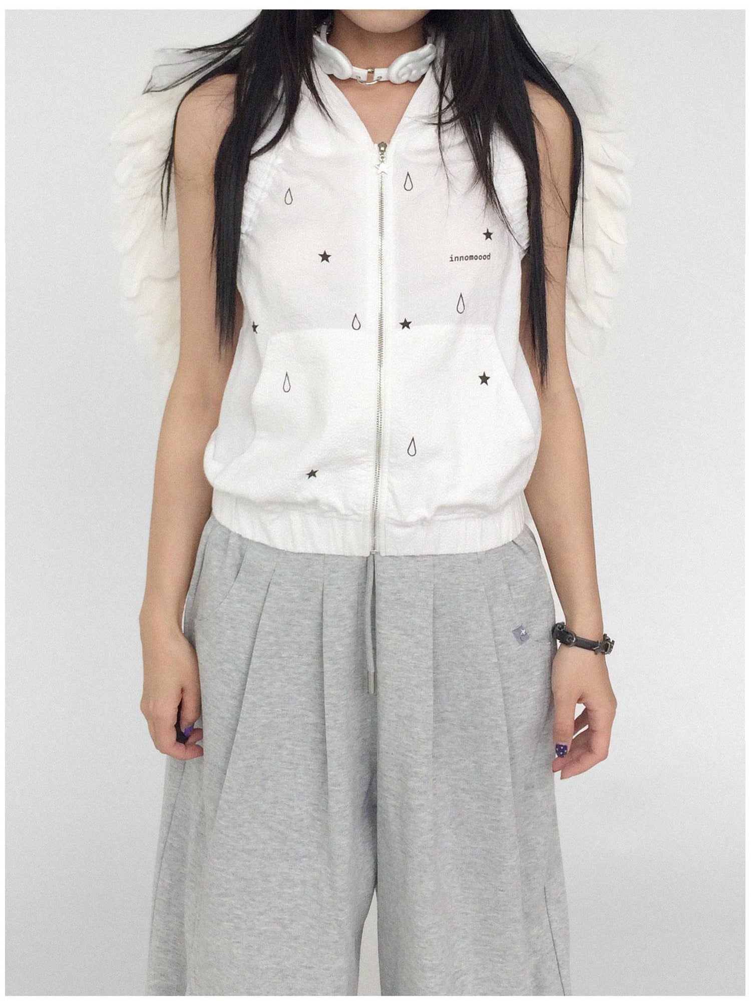 innomoood Tears Star Drop Back Open Knit Hoodie
