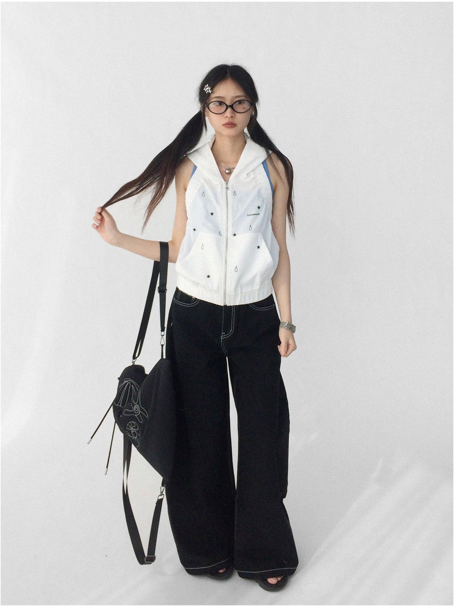 innomoood Tears Star Drop Back Open Knit Hoodie
