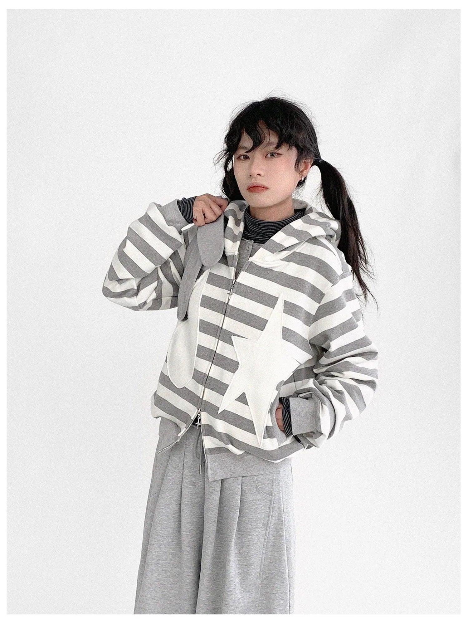 Tears Star Patchwork Hoodie With Detachable Bunny Ears