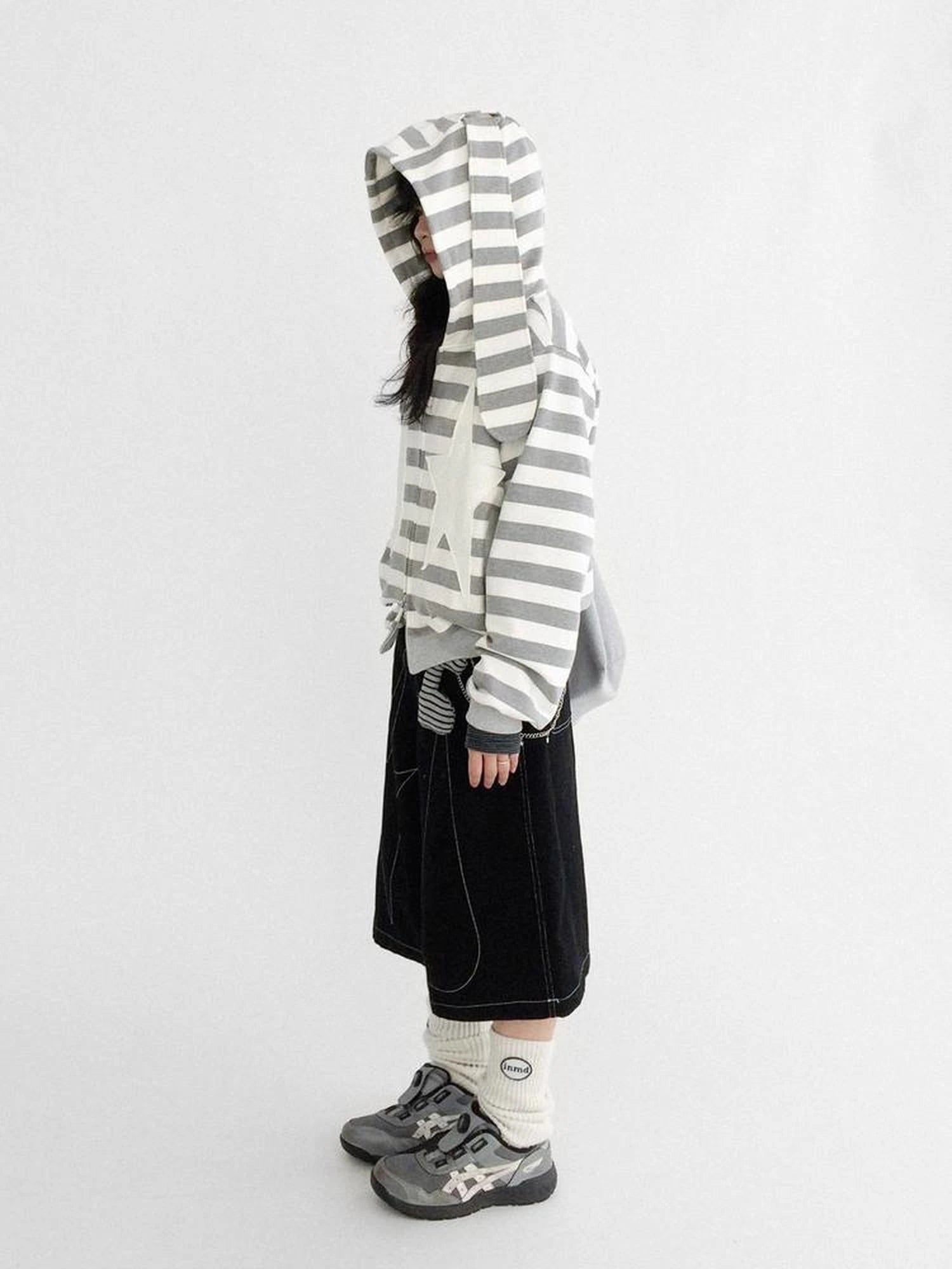 Tears Star Patchwork Hoodie With Detachable Bunny Ears