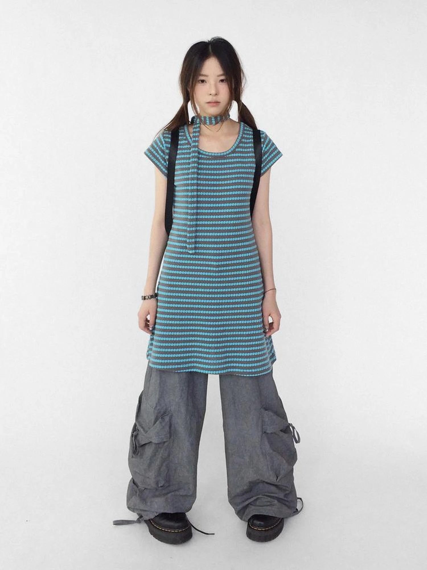 Textured Stripe Tie Front A Line Knit Dress With Flutter Sleeves