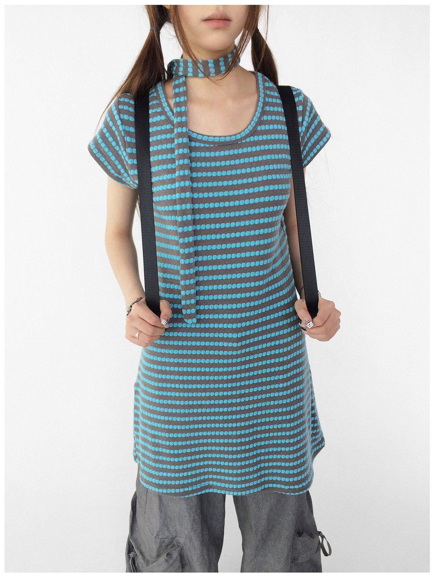 innomoood Textured Stripe Tie Front A Line Knit Dress With Flutter Sleeves