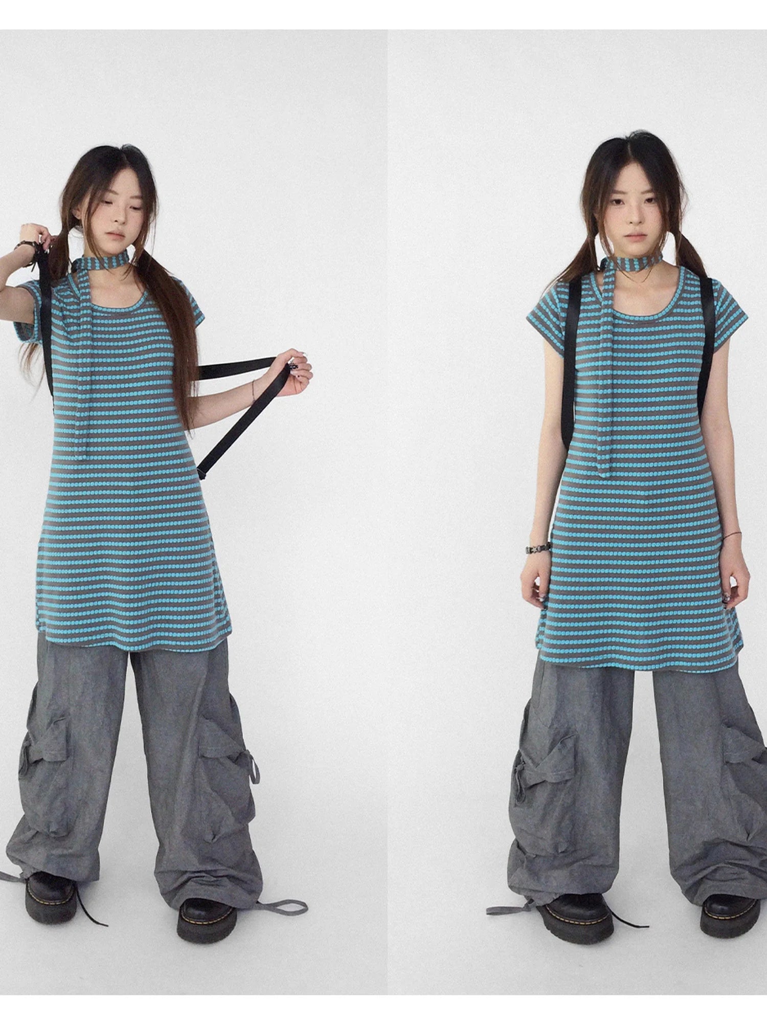 Textured Stripe Tie Front A Line Knit Dress With Flutter Sleeves