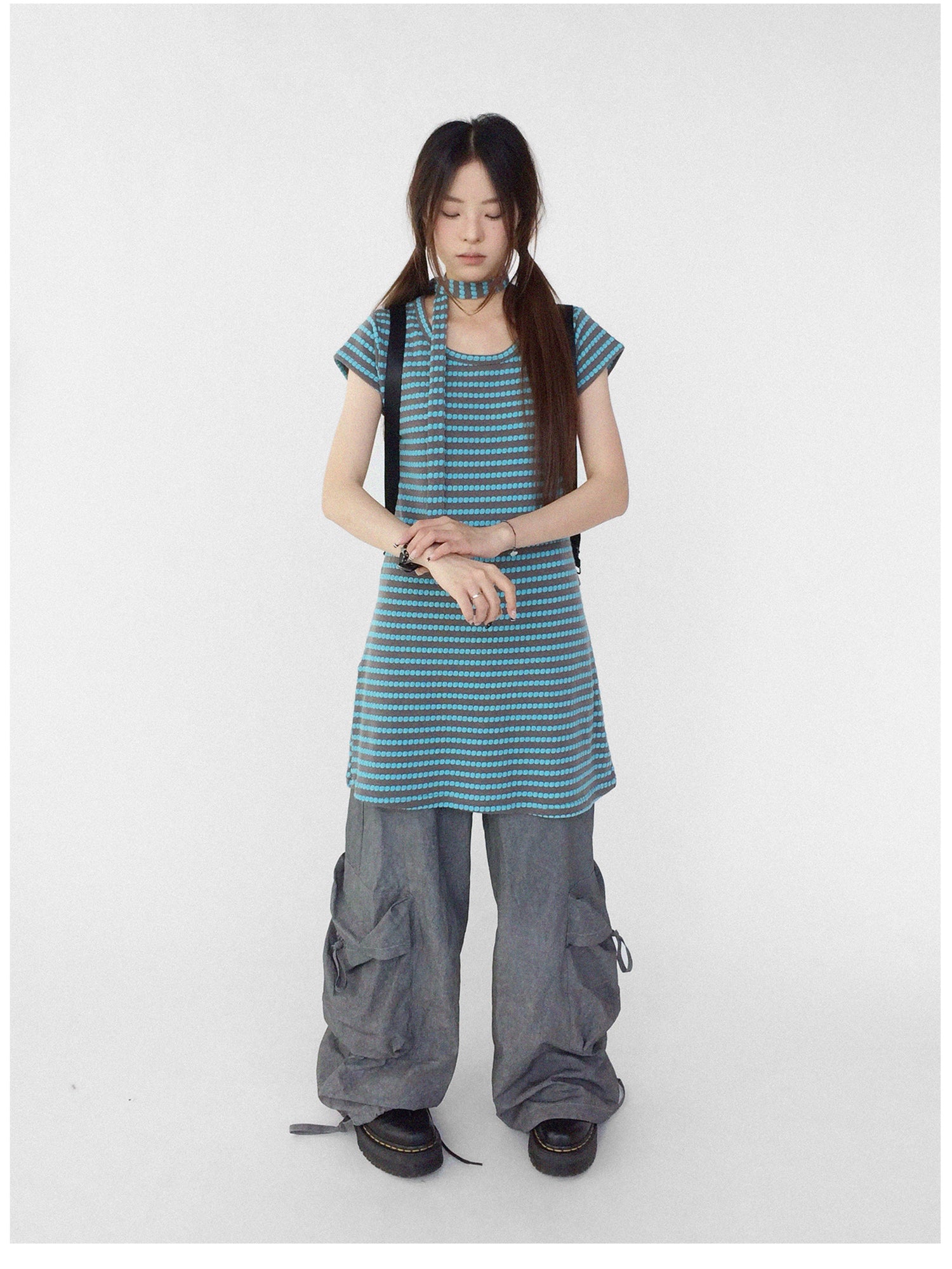 innomoood Textured Stripe Tie Front A Line Knit Dress With Flutter Sleeves