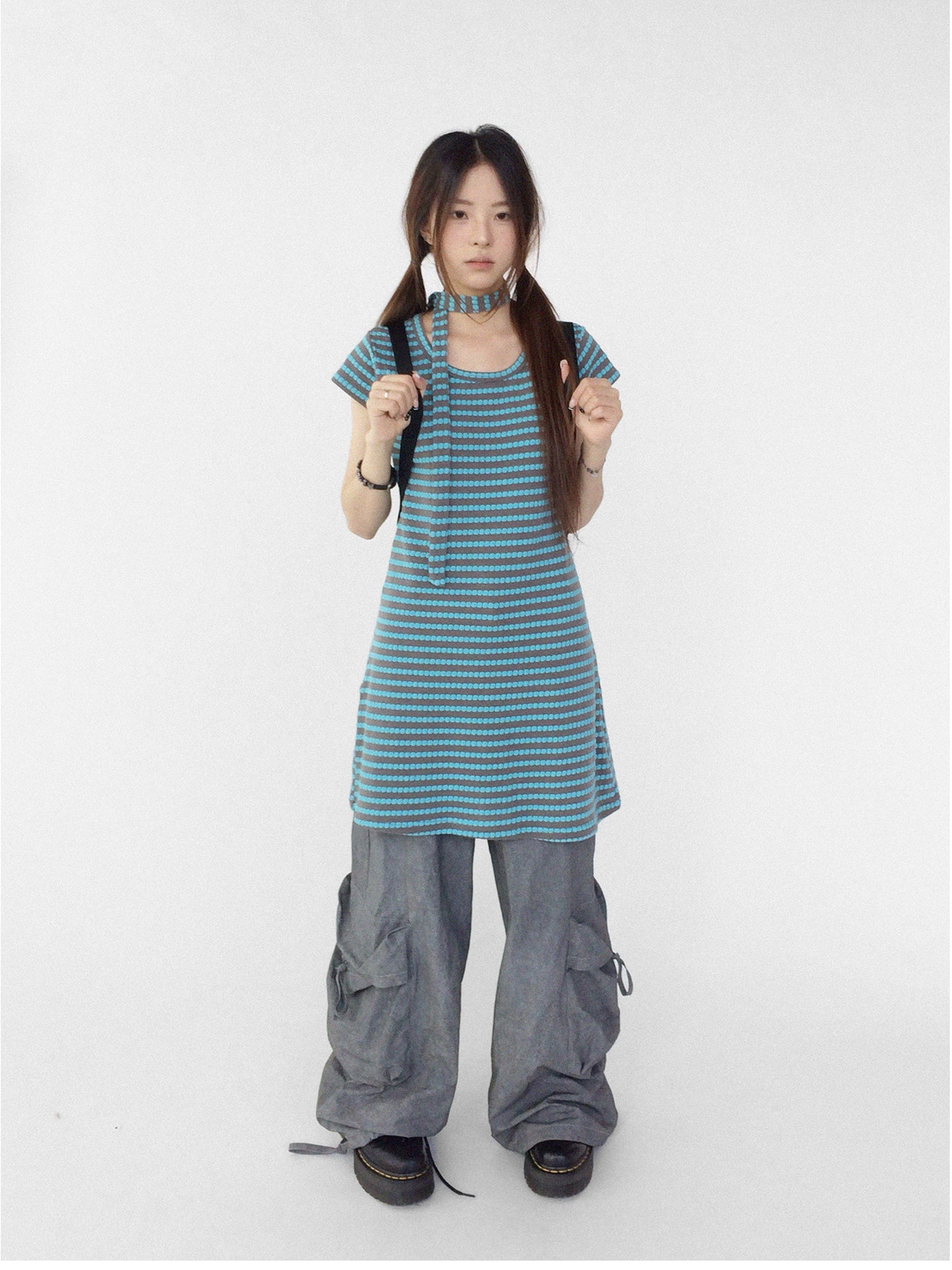 innomoood Textured Stripe Tie Front A Line Knit Dress With Flutter Sleeves