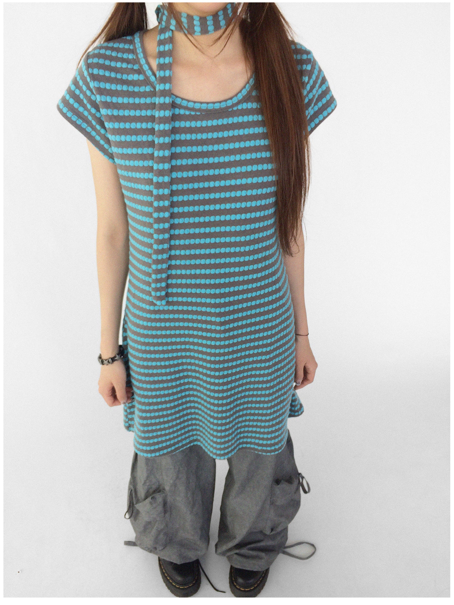 innomoood Textured Stripe Tie Front A Line Knit Dress With Flutter Sleeves
