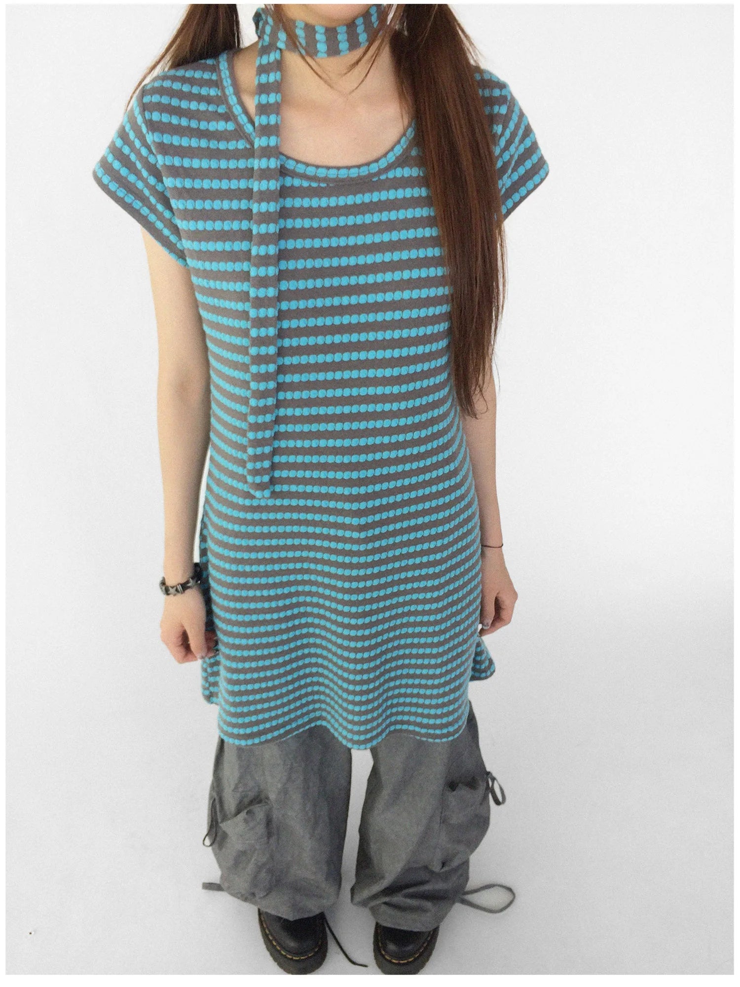 Textured Stripe Tie Front A Line Knit Dress With Flutter Sleeves