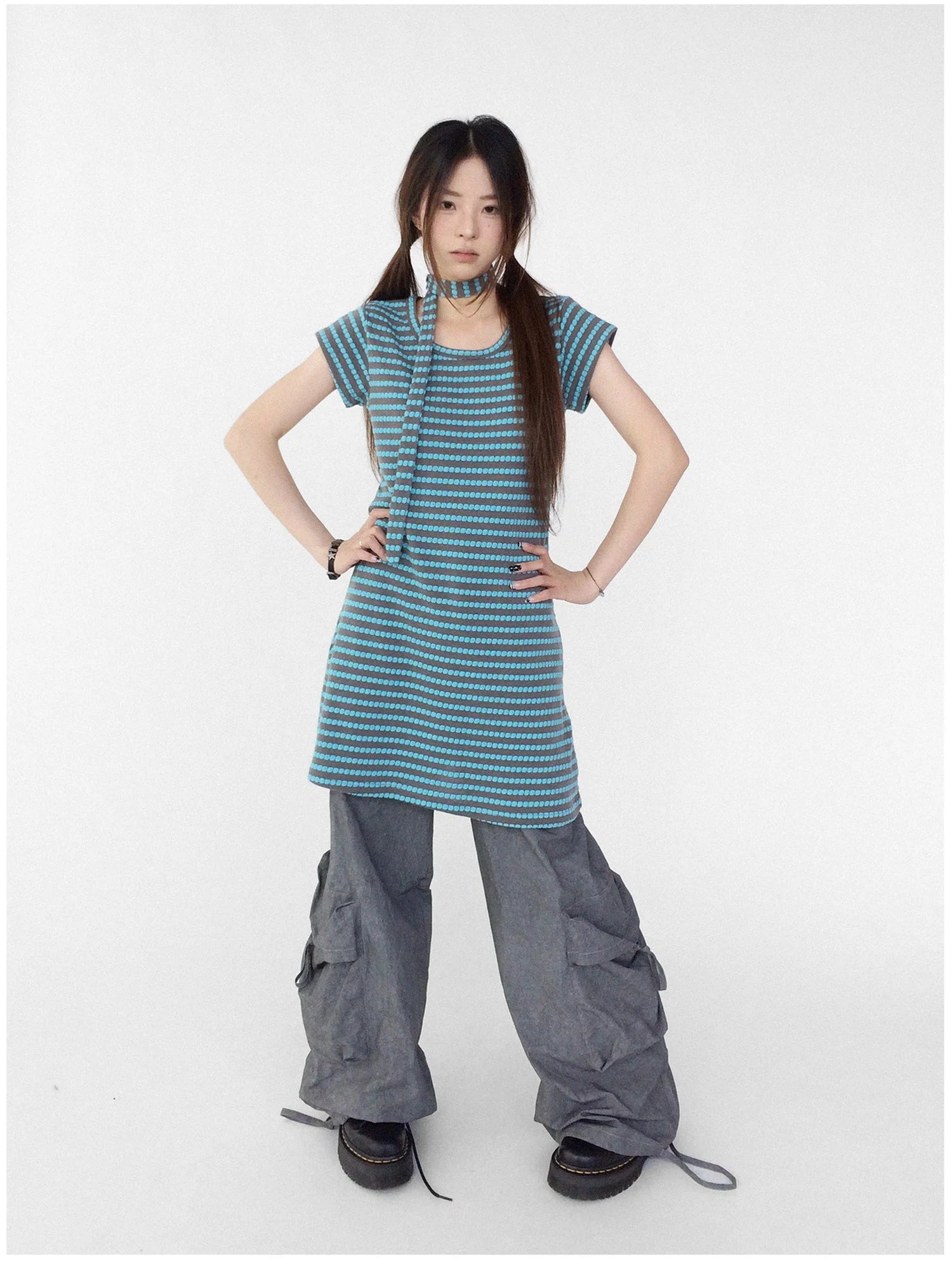 Textured Stripe Tie Front A Line Knit Dress With Flutter Sleeves