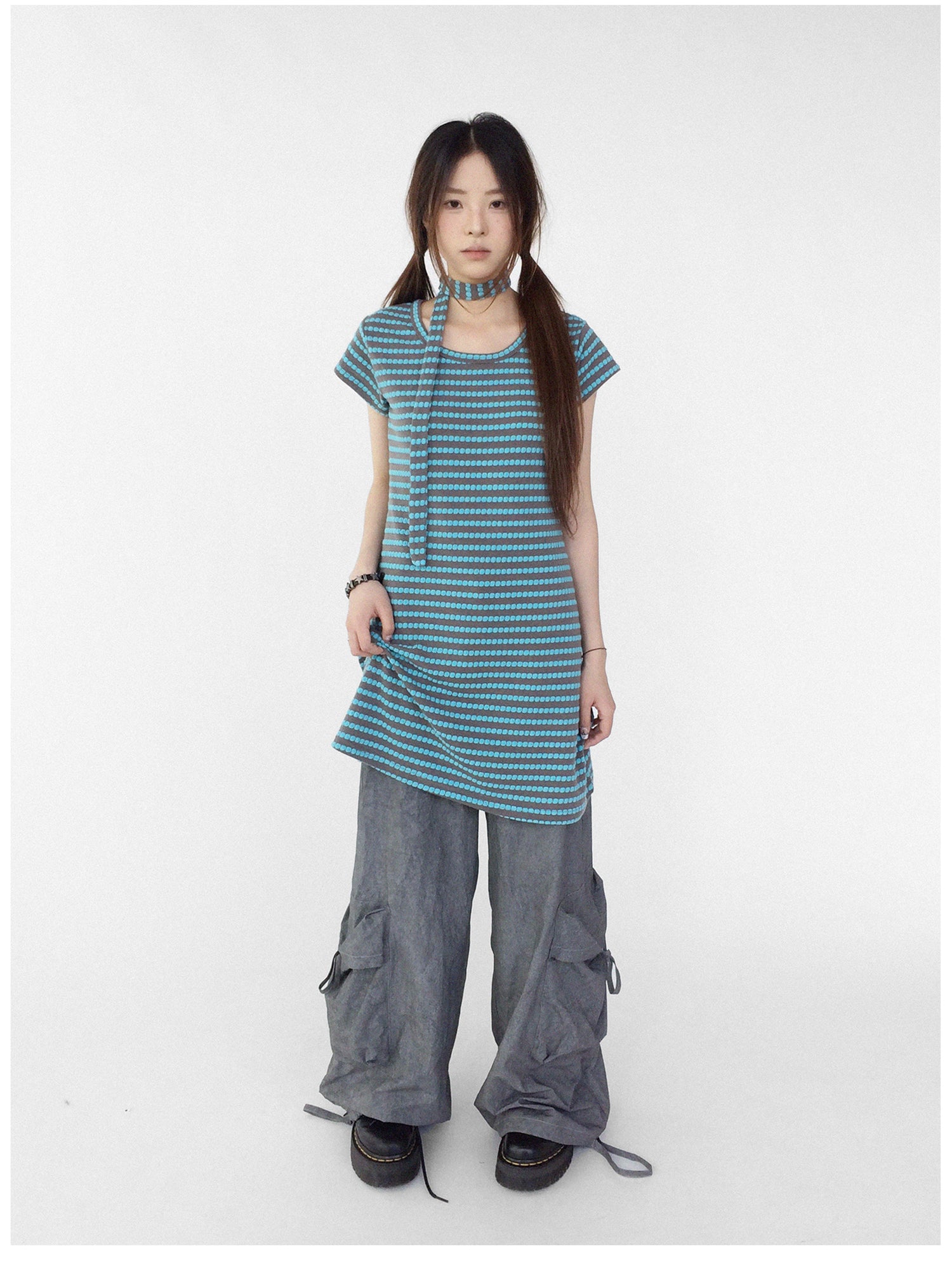 innomoood Textured Stripe Tie Front A Line Knit Dress With Flutter Sleeves