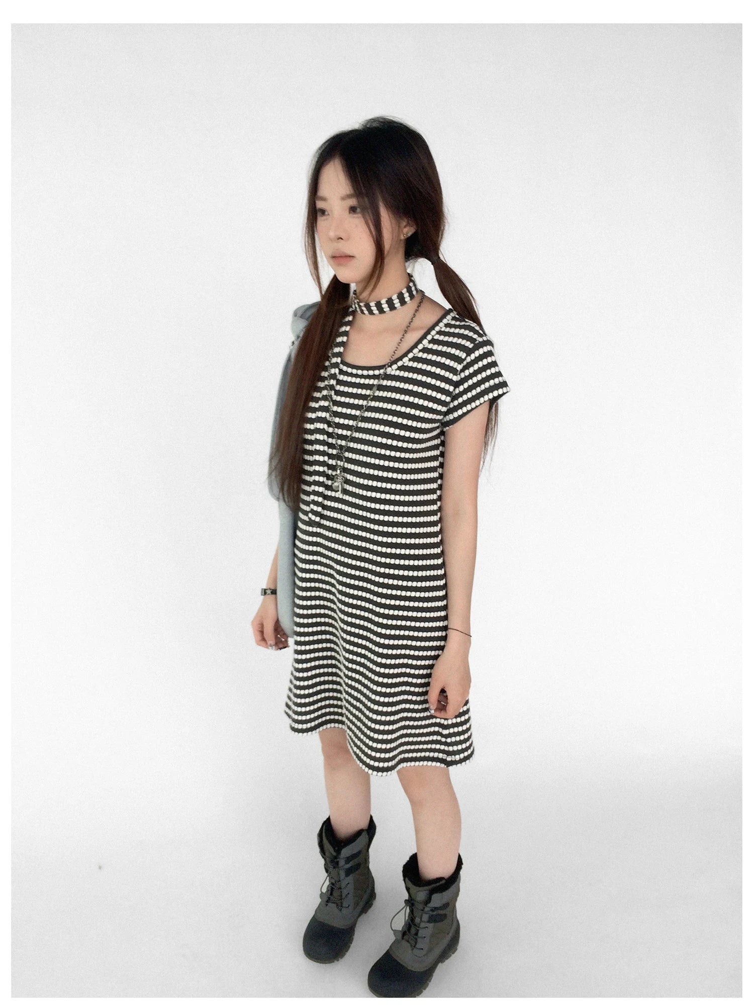 Textured Stripe Tie Front A Line Knit Dress With Flutter Sleeves