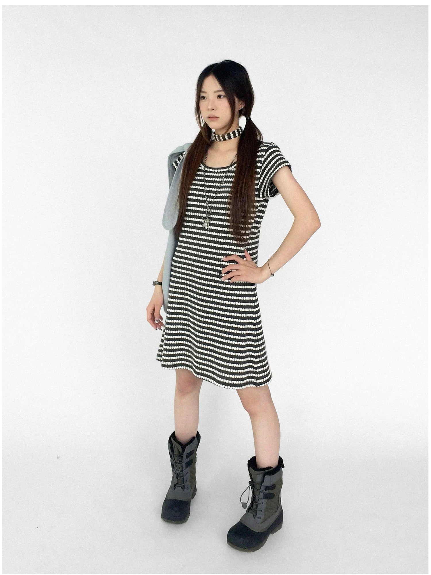 Textured Stripe Tie Front A Line Knit Dress With Flutter Sleeves