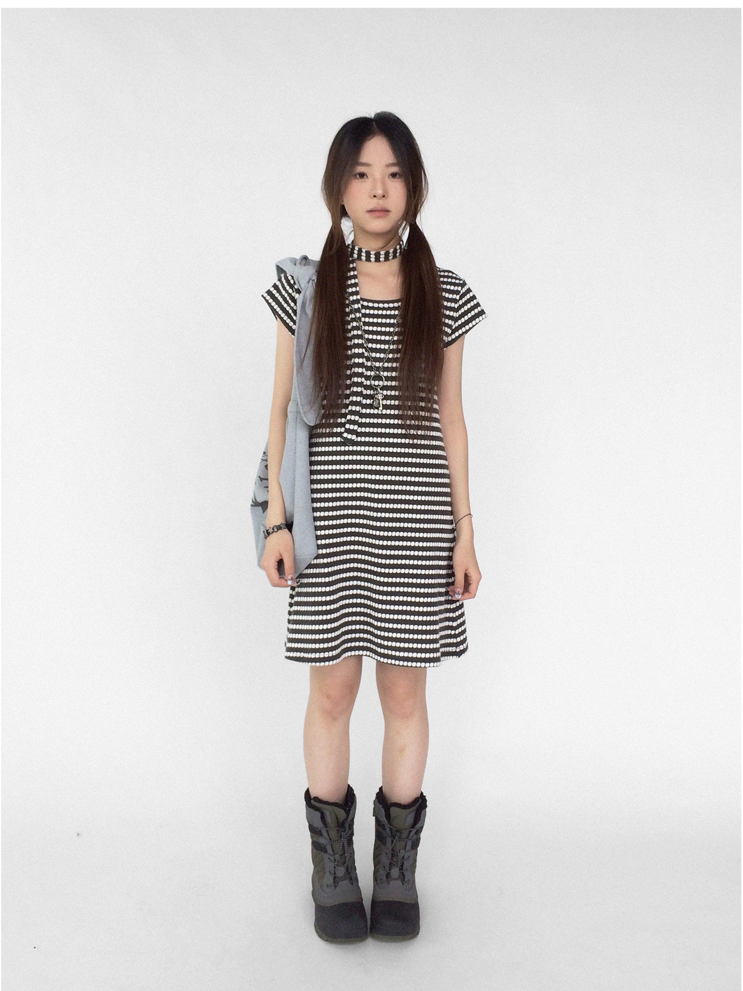innomoood Textured Stripe Tie Front A Line Knit Dress With Flutter Sleeves