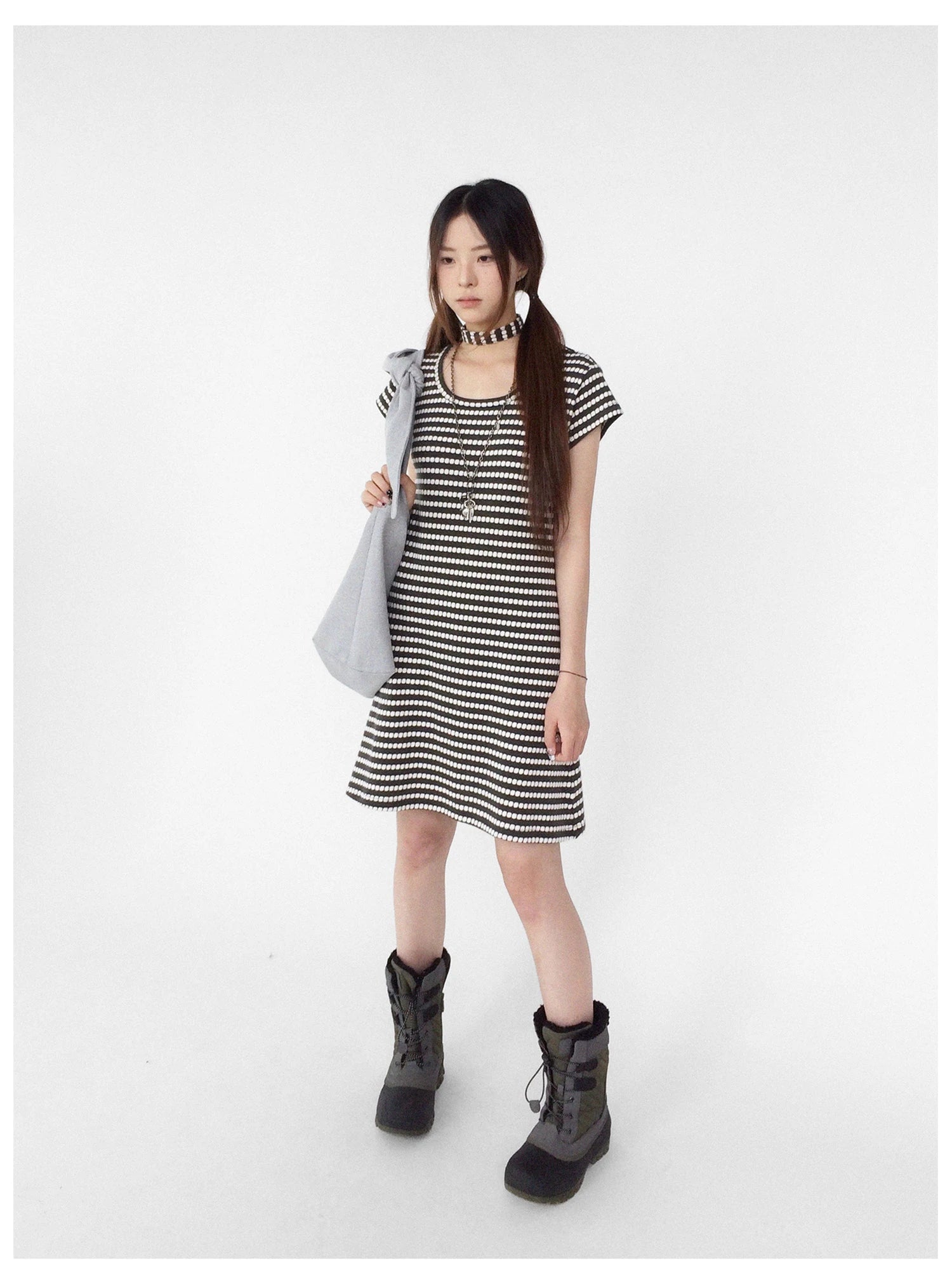 Textured Stripe Tie Front A Line Knit Dress With Flutter Sleeves