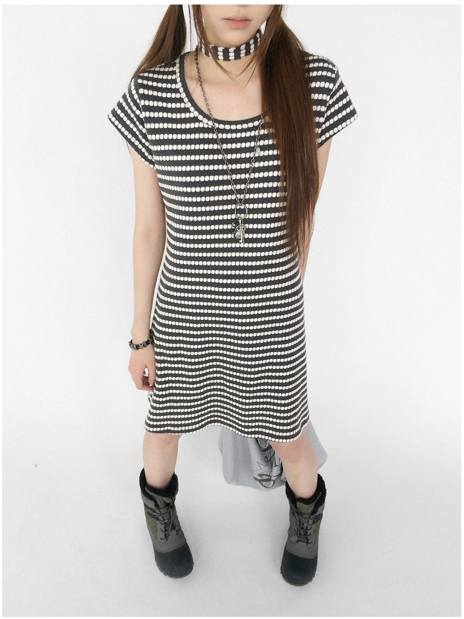 Textured Stripe Tie Front A Line Knit Dress With Flutter Sleeves