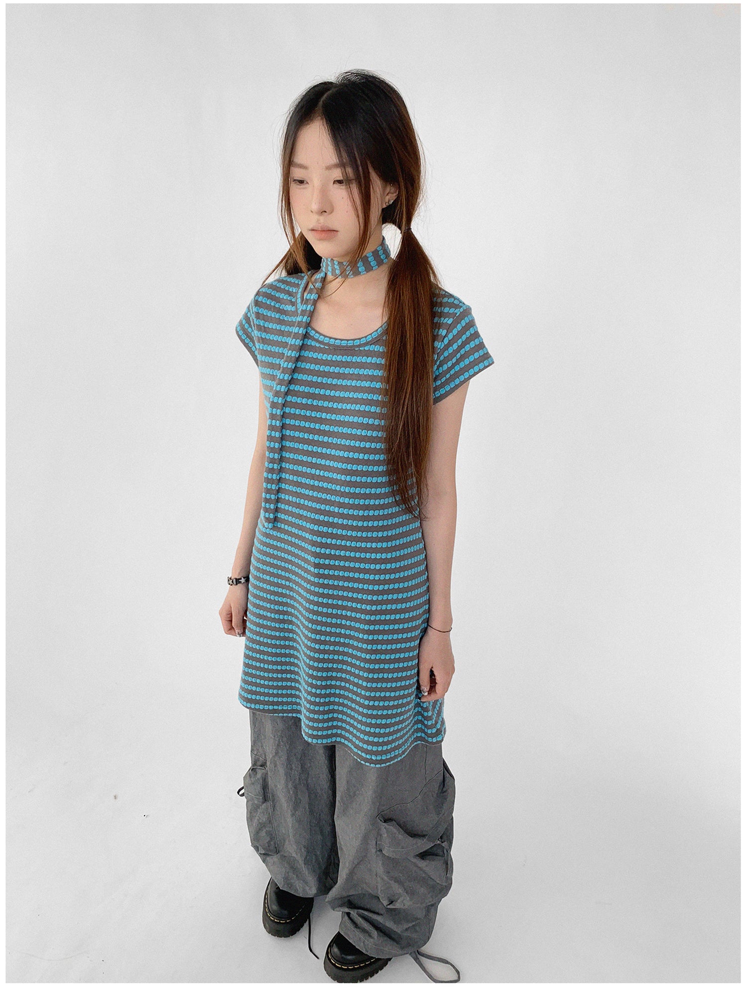 innomoood Textured Stripe Tie Front A Line Knit Dress With Flutter Sleeves