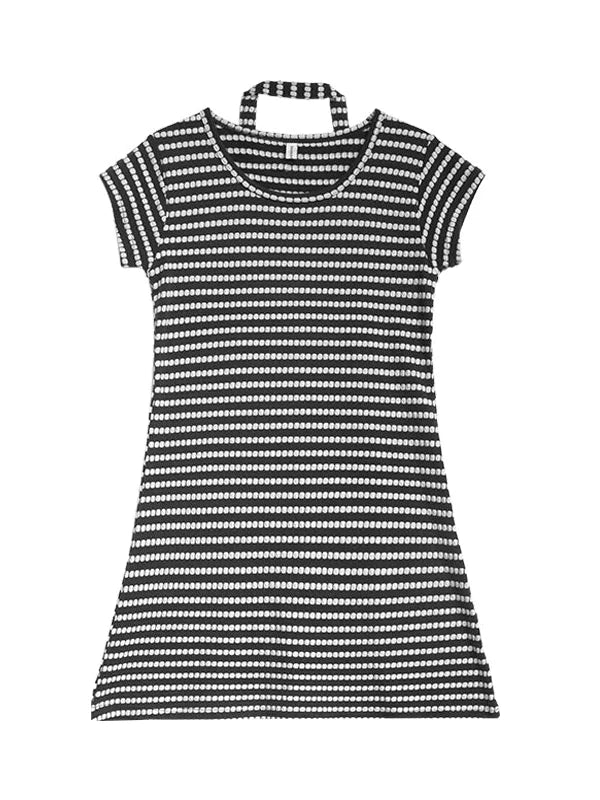 Textured Stripe Tie Front A Line Knit Dress With Flutter Sleeves