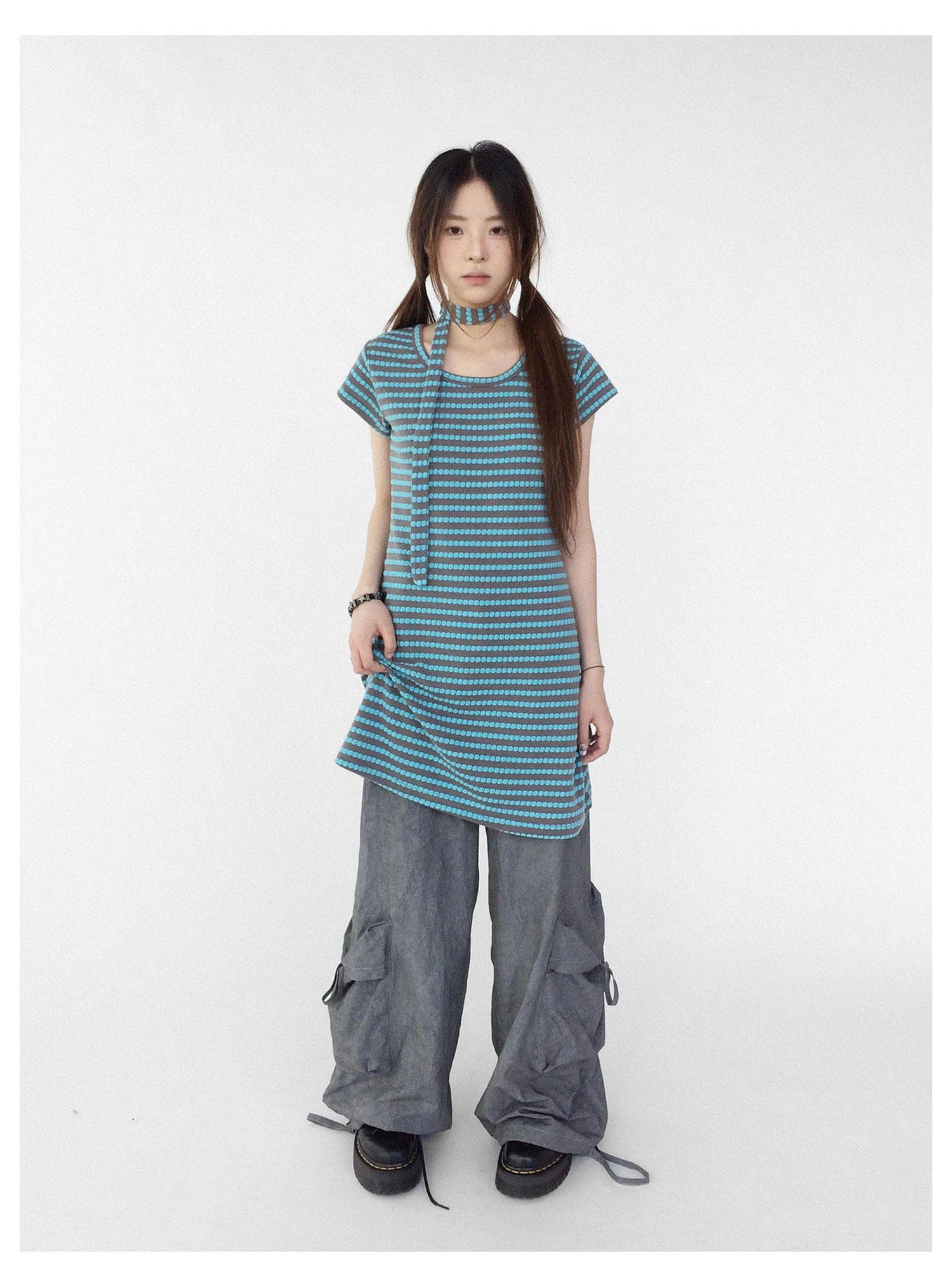 innomoood Textured Washed Cotton Cargo Joggers With Drawstring Waist