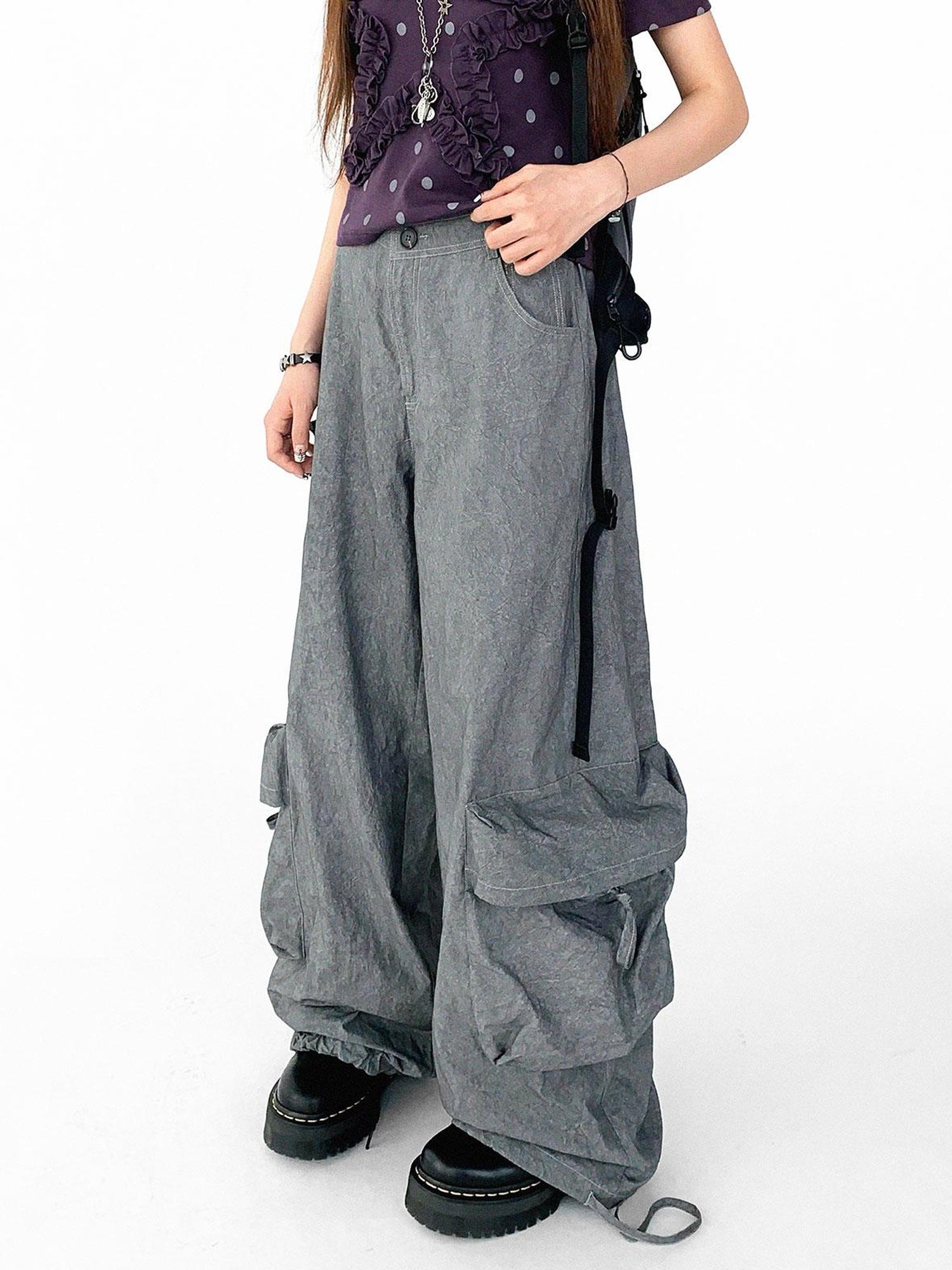 innomoood Textured Washed Cotton Cargo Joggers With Drawstring Waist