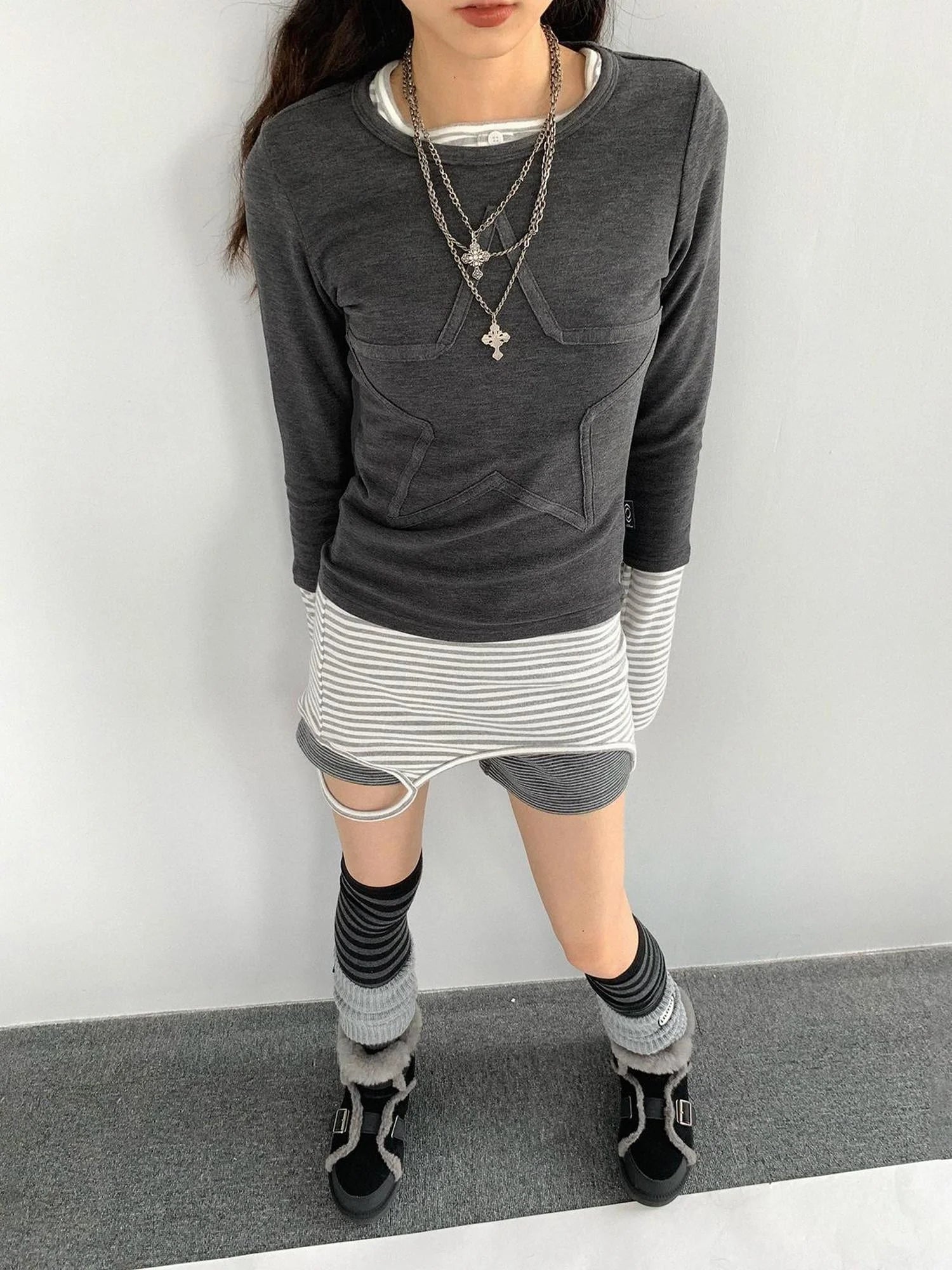 Thermal Teddy Y2k Layering Top V-neck T-shirt Long Sleeve