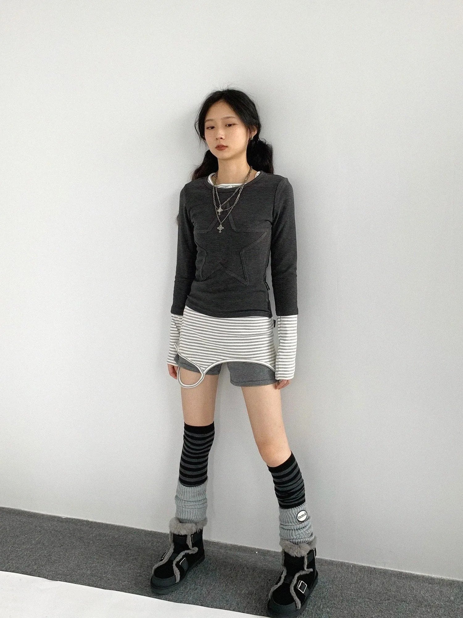 Thermal Teddy Y2k Layering Top V-neck T-shirt Long Sleeve