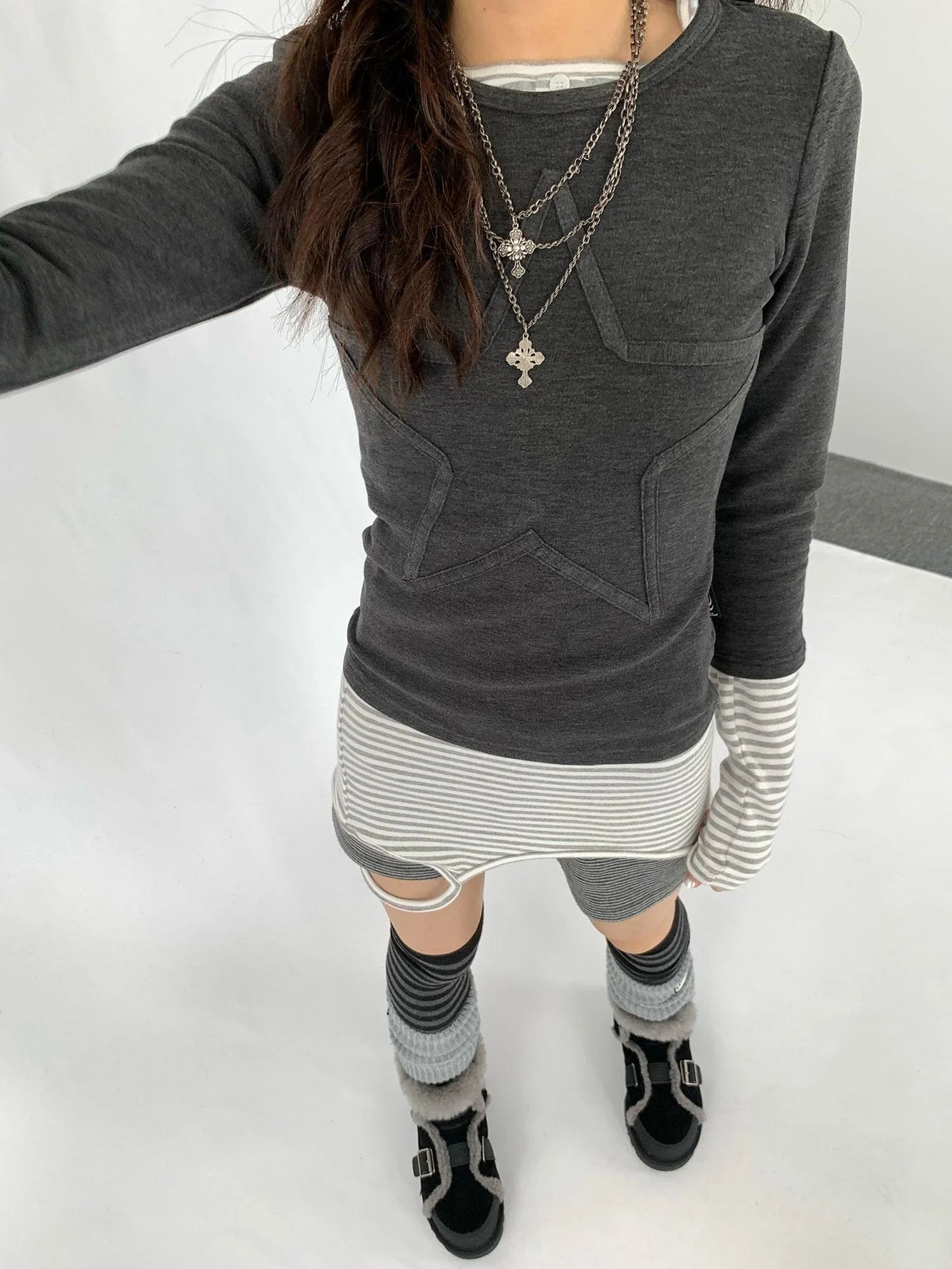 Thermal Teddy Y2k Layering Top V-neck T-shirt Long Sleeve