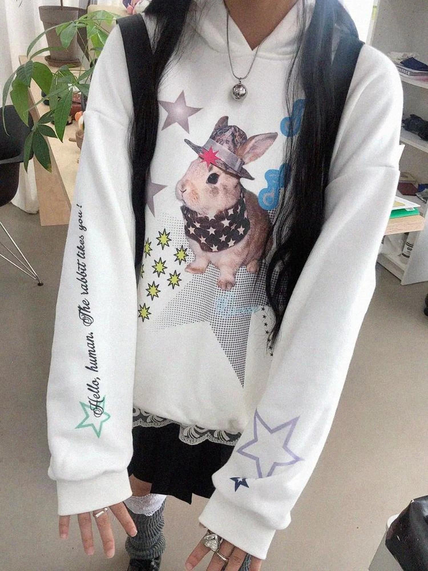 Vaporwave Bunny Graphic Fleece Hoodie