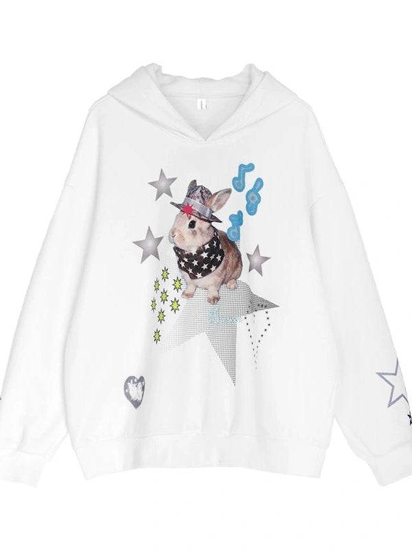 Vaporwave Bunny Graphic Fleece Hoodie