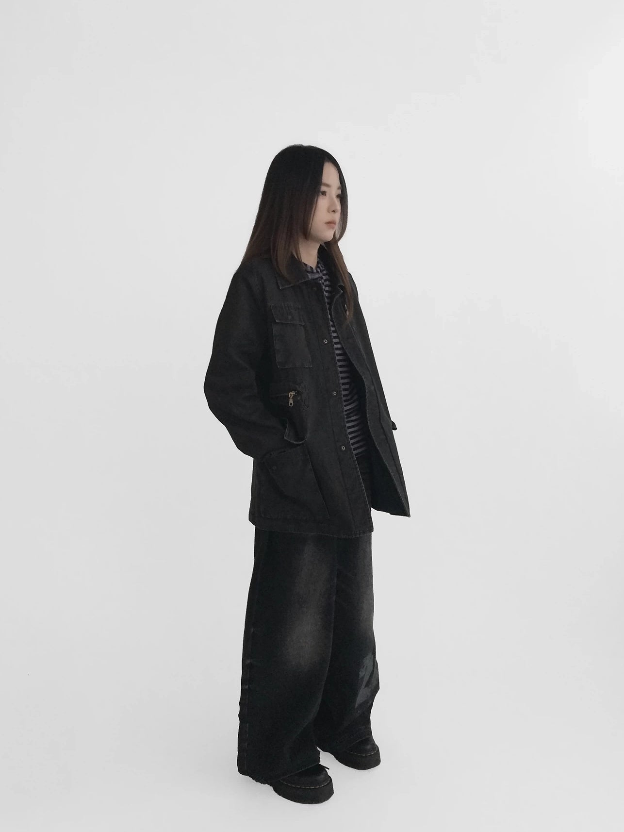 innomoood Versatile Commuter Polo Collar Single Button Washed Black Women Puffer Jacket