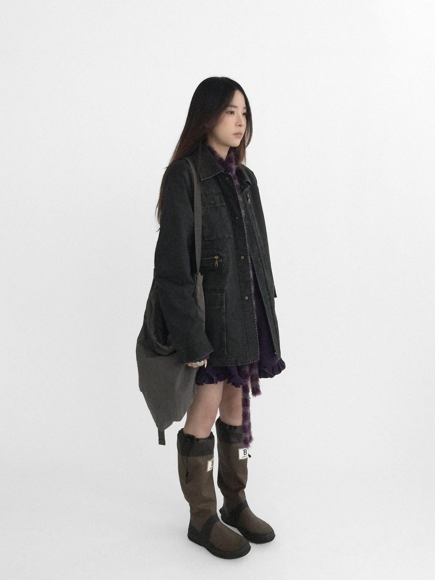 innomoood Versatile Commuter Polo Collar Single Button Washed Black Women Puffer Jacket