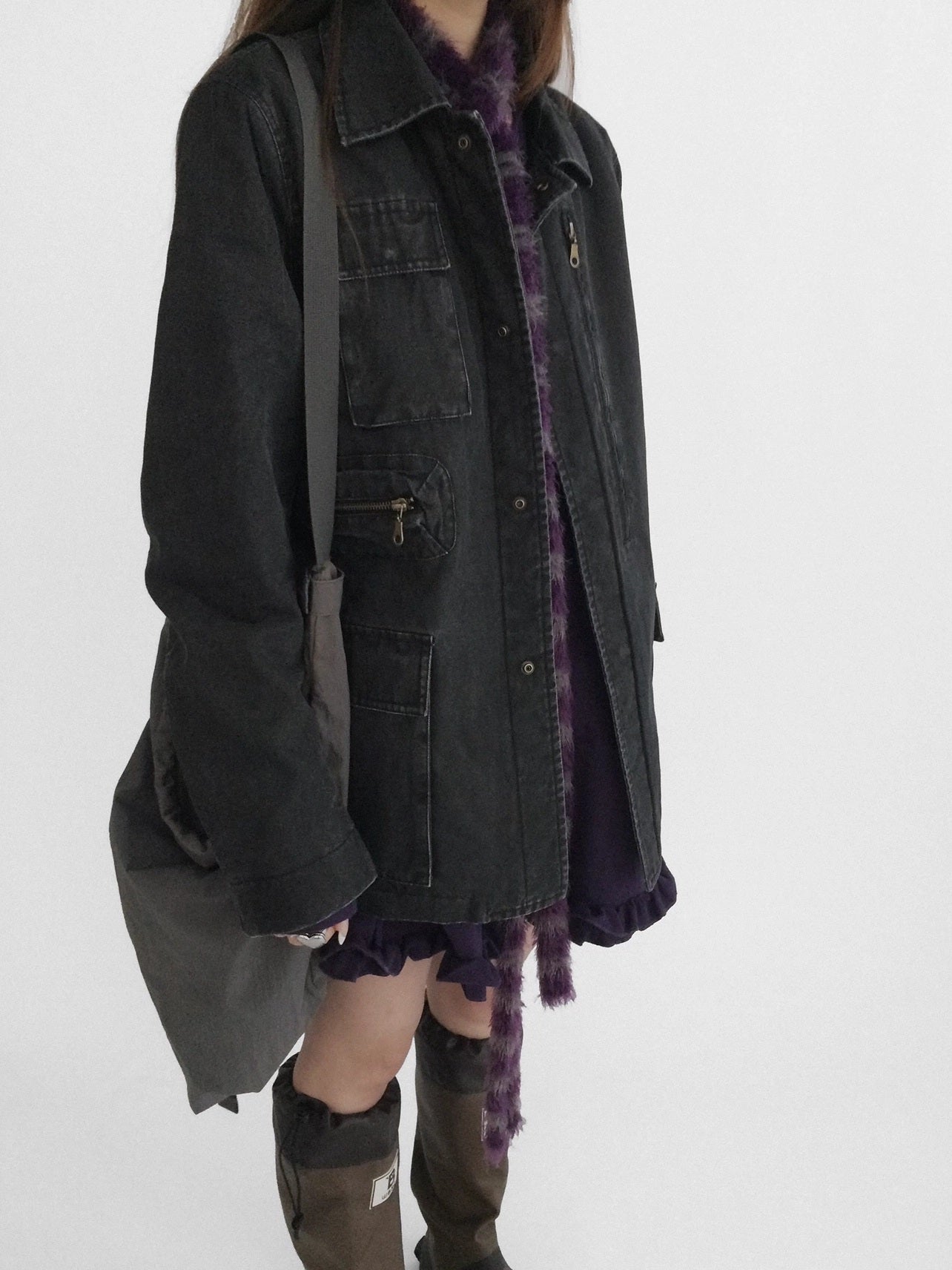 innomoood Versatile Commuter Polo Collar Single Button Washed Black Women Puffer Jacket